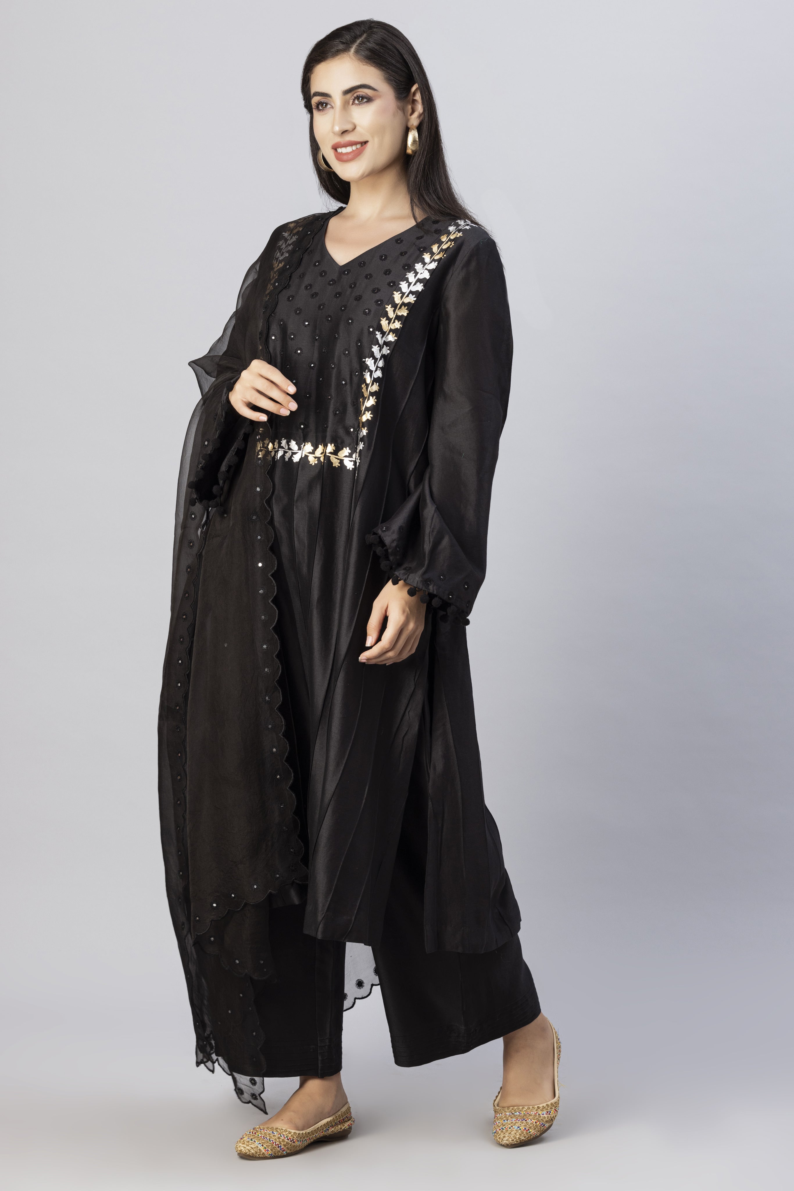 Black Straight Line Kurta with Palazzo Pants & Dupatta Set