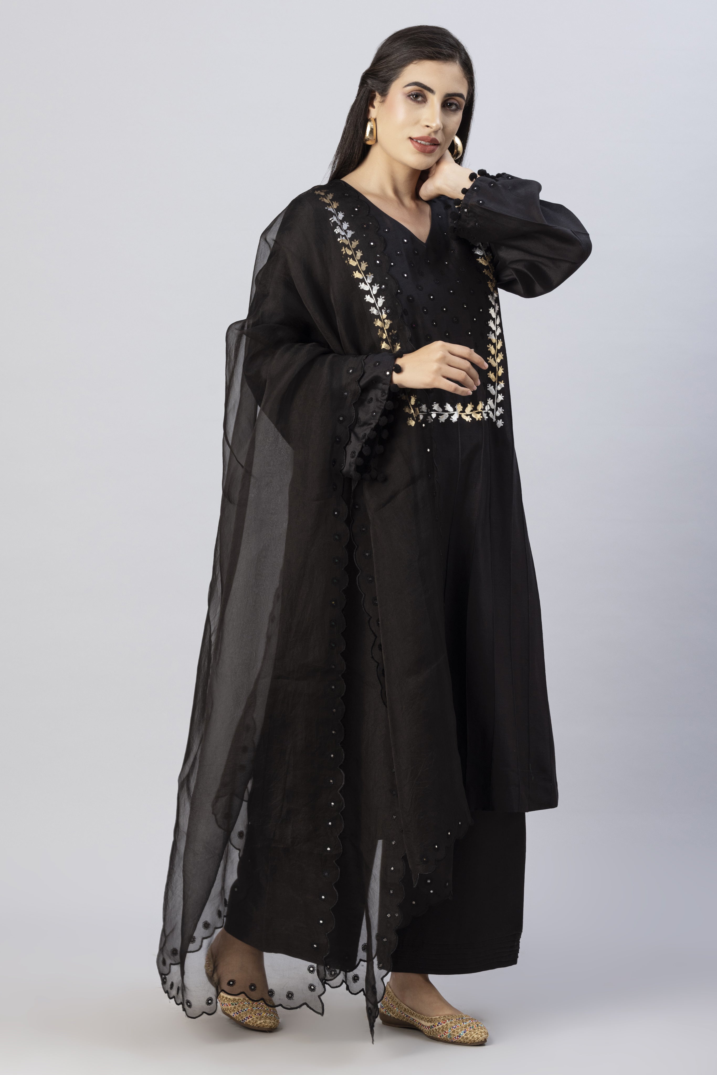 Black Straight Line Kurta with Palazzo Pants & Dupatta Set