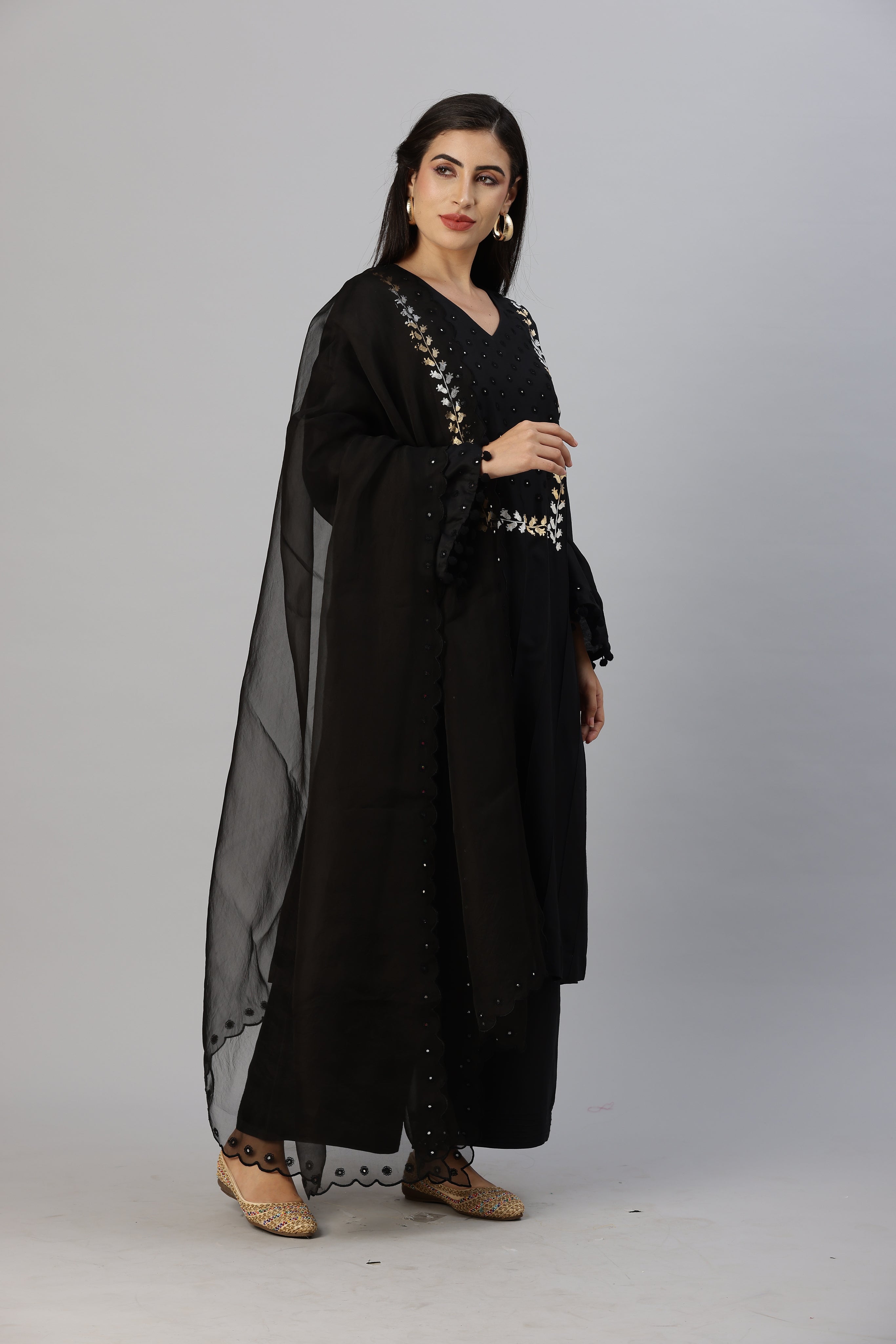 Black Straight Line Kurta with Palazzo Pants & Dupatta Set