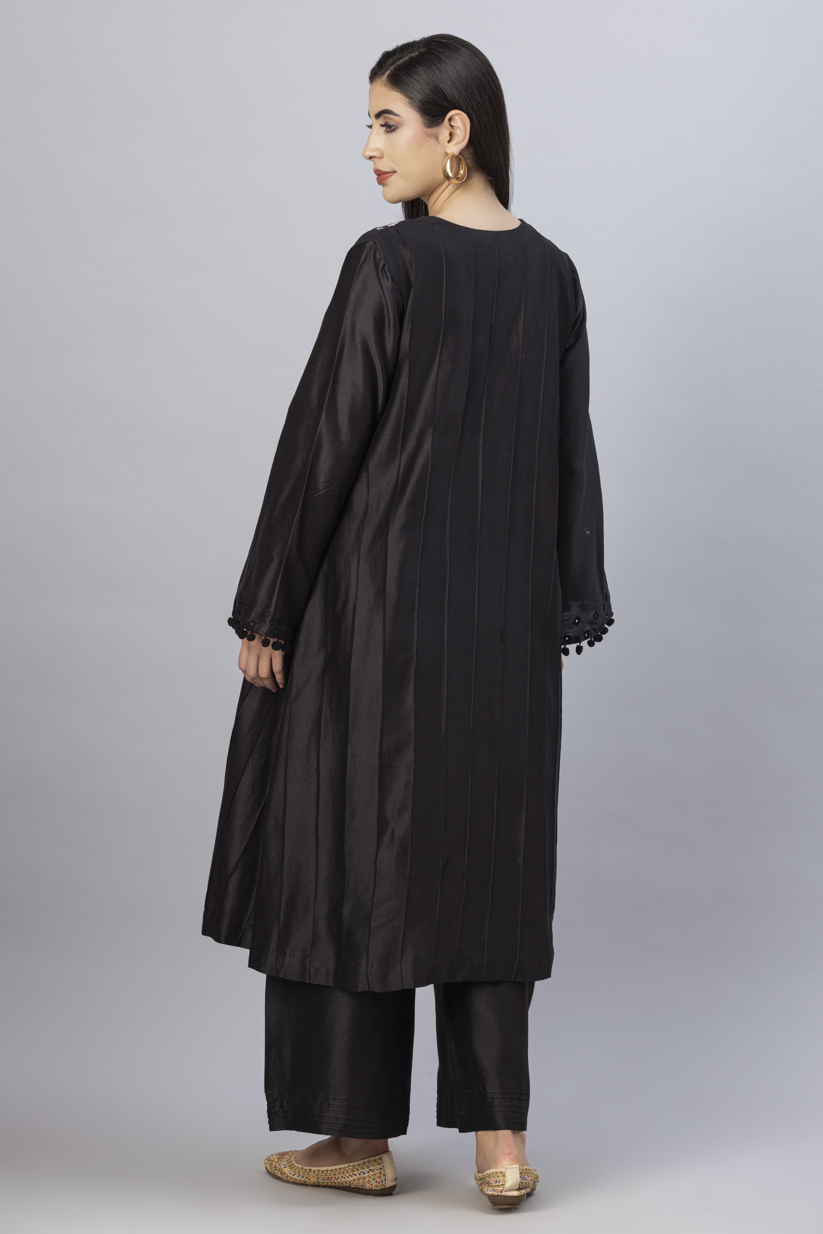 Black Straight Line Kurta with Palazzo Pants & Dupatta Set