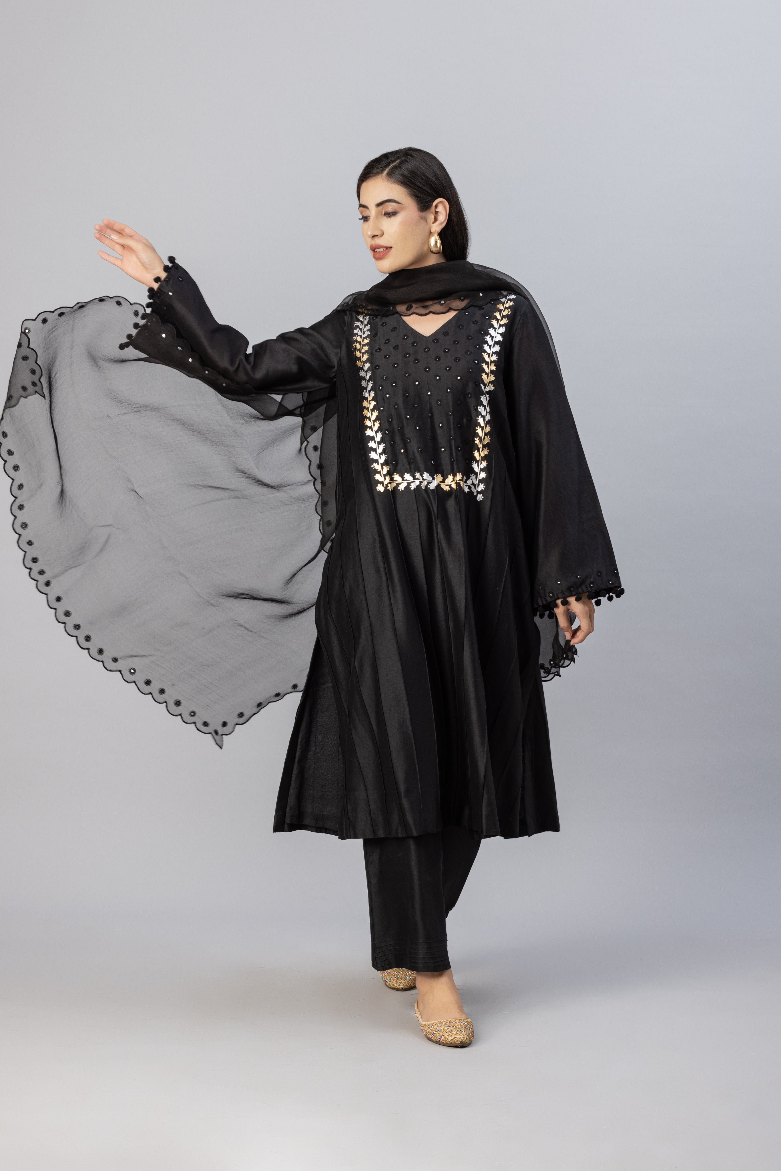 Black Straight Line Kurta with Palazzo Pants & Dupatta Set