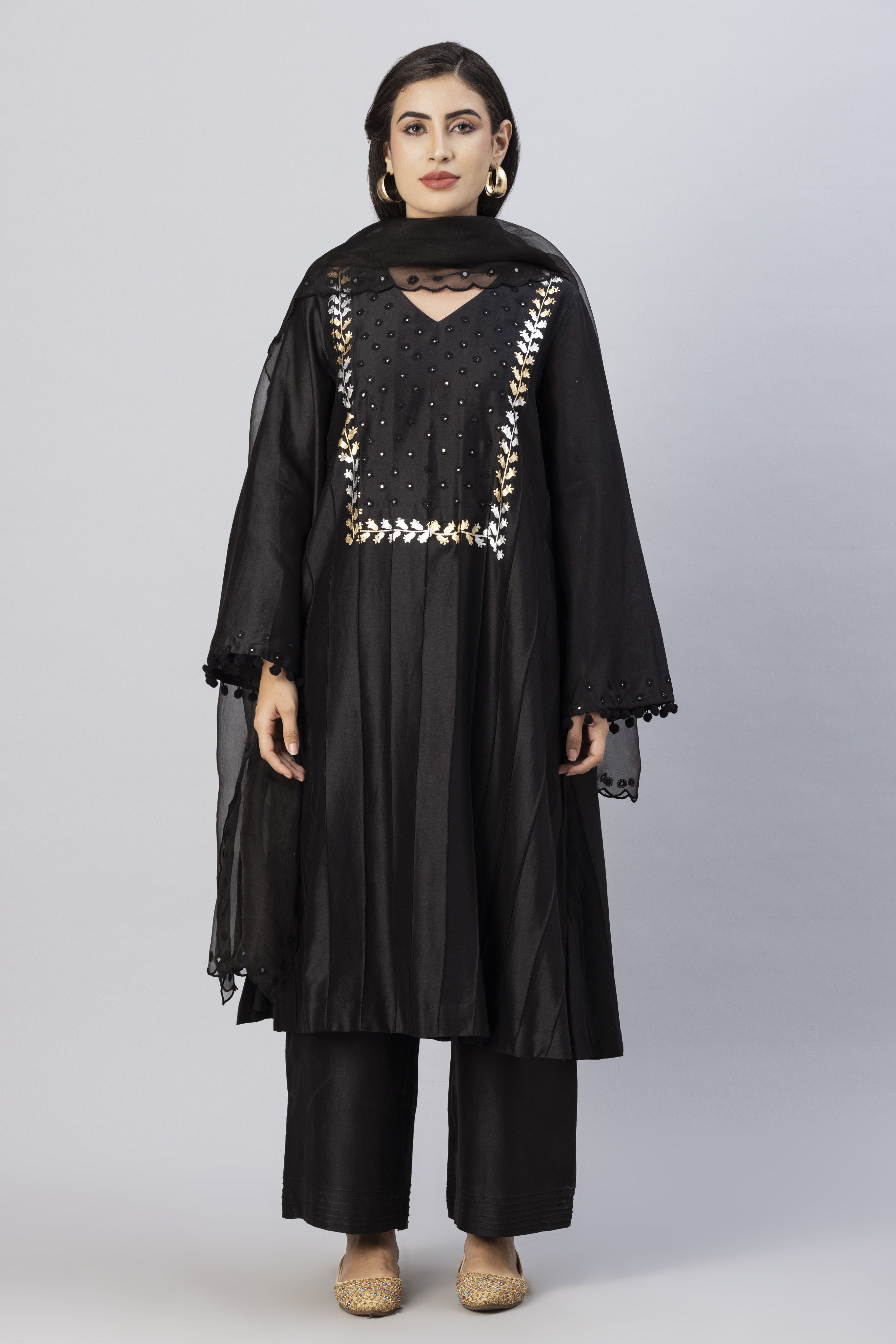 Black Straight Line Kurta with Palazzo Pants & Dupatta Set