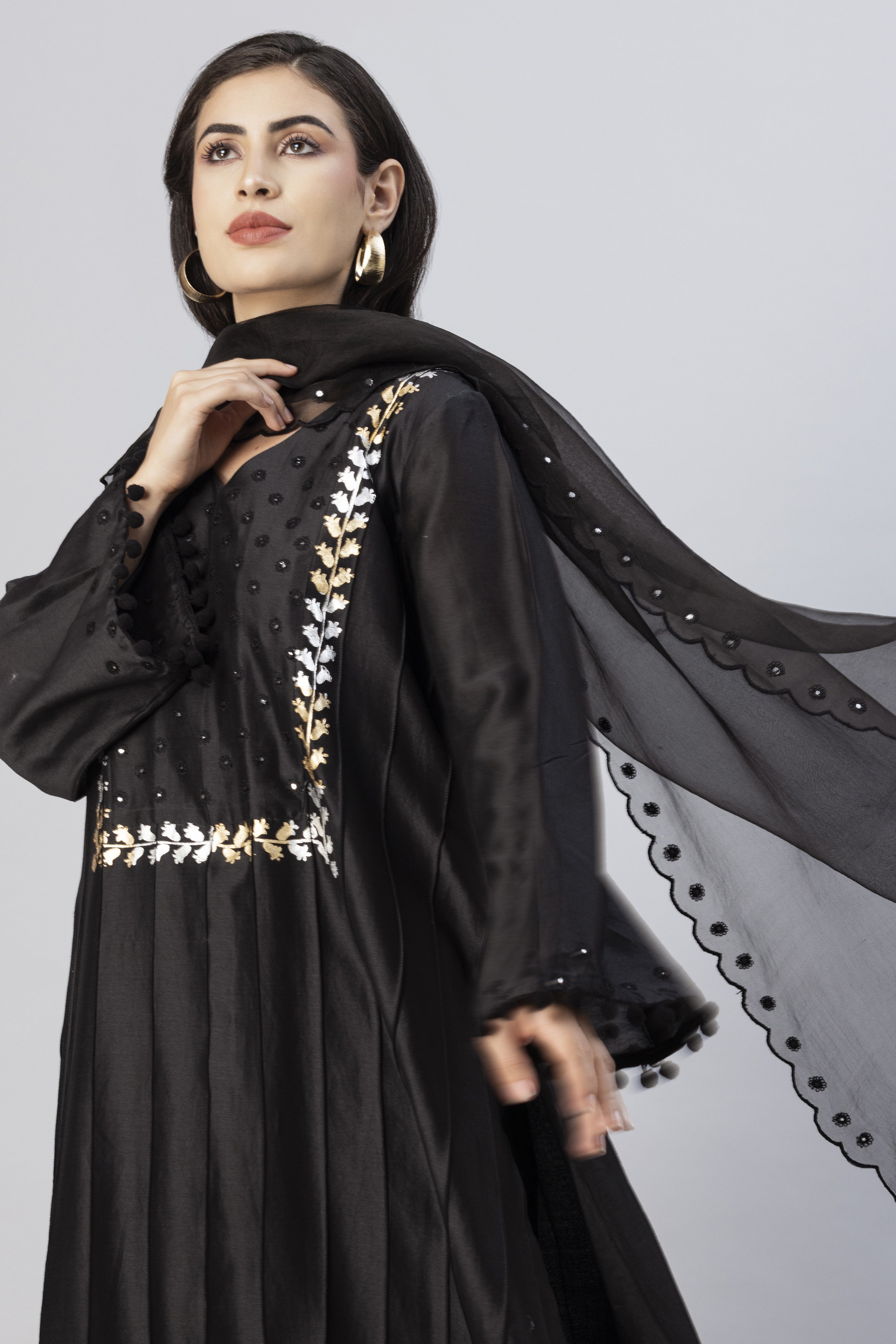 Black Straight Line Kurta with Palazzo Pants & Dupatta Set