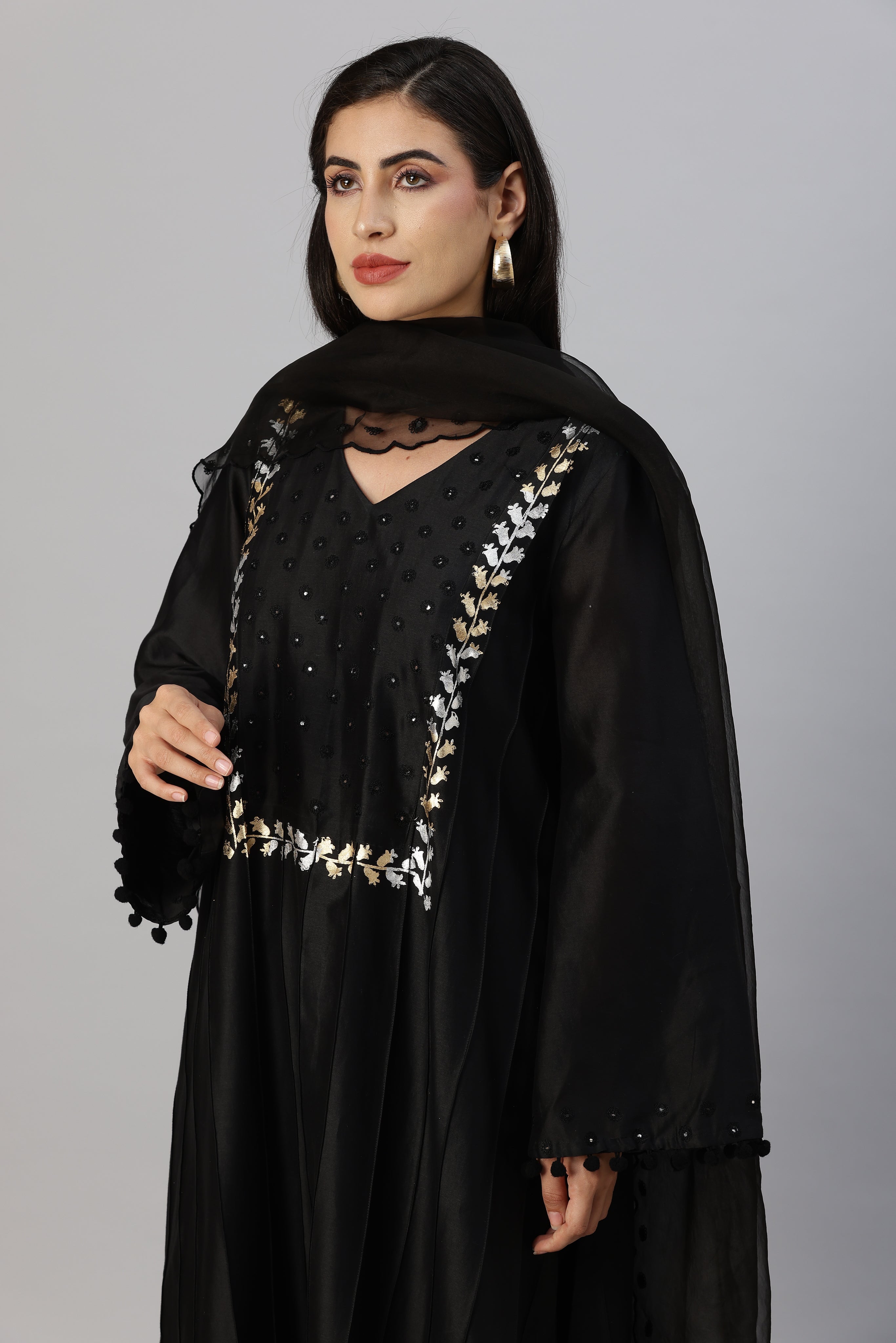 Black Straight Line Kurta with Palazzo Pants & Dupatta Set