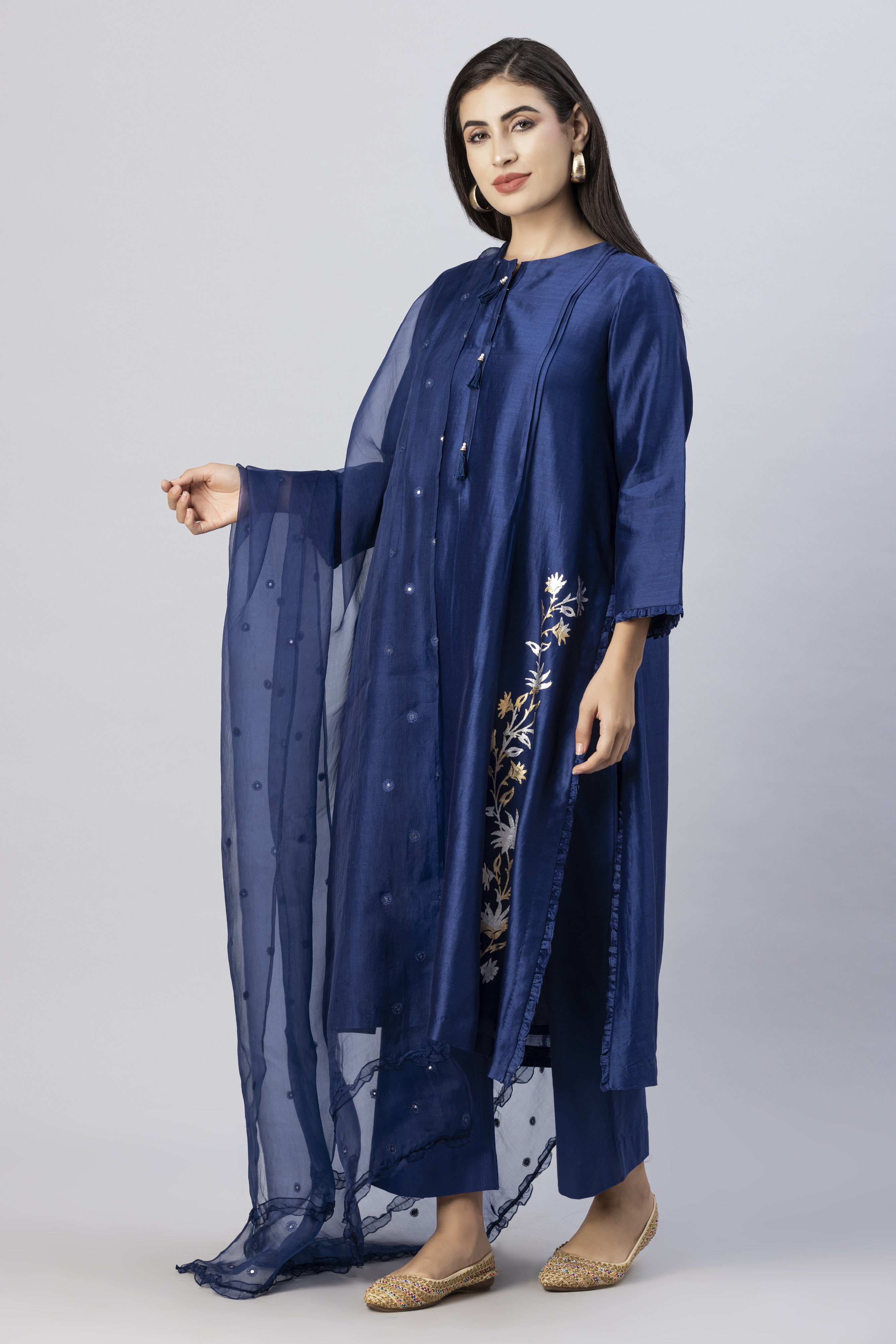 Brewers Blue Straight Kurta with Slim Pants and Mirror Work Dupatta Set