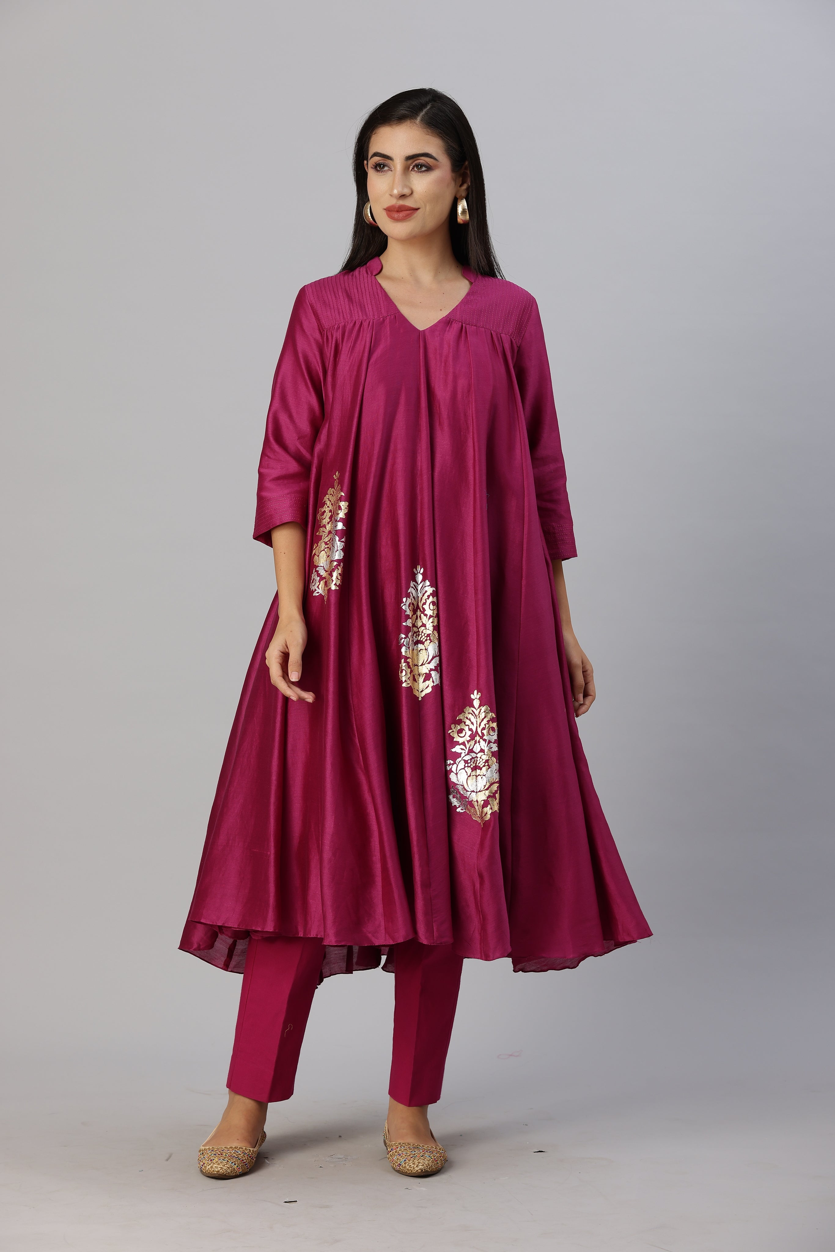 Plum Pink Free Flow Anarkali Style Kurta Set