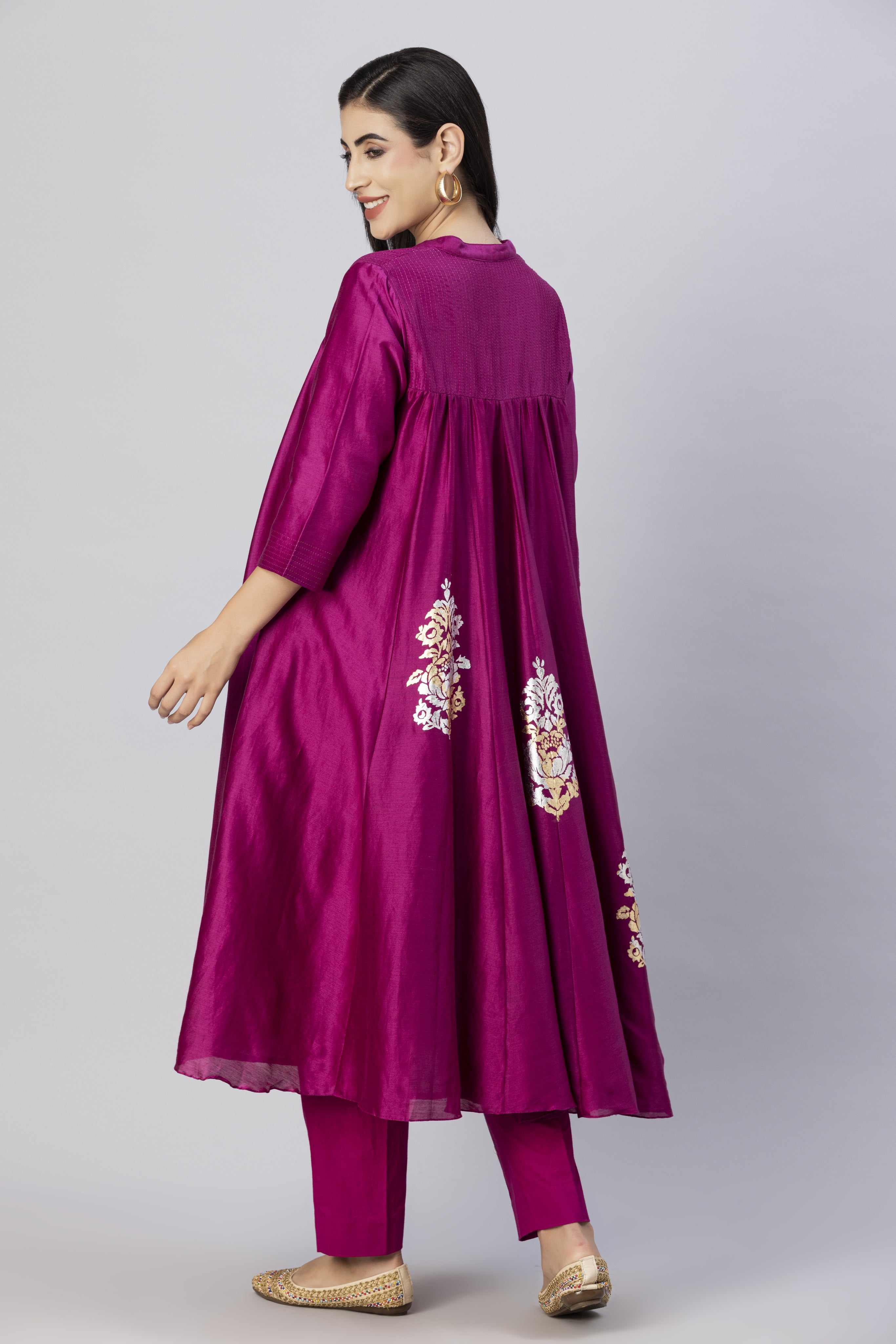 Plum Pink Free Flow Anarkali Style Kurta Set