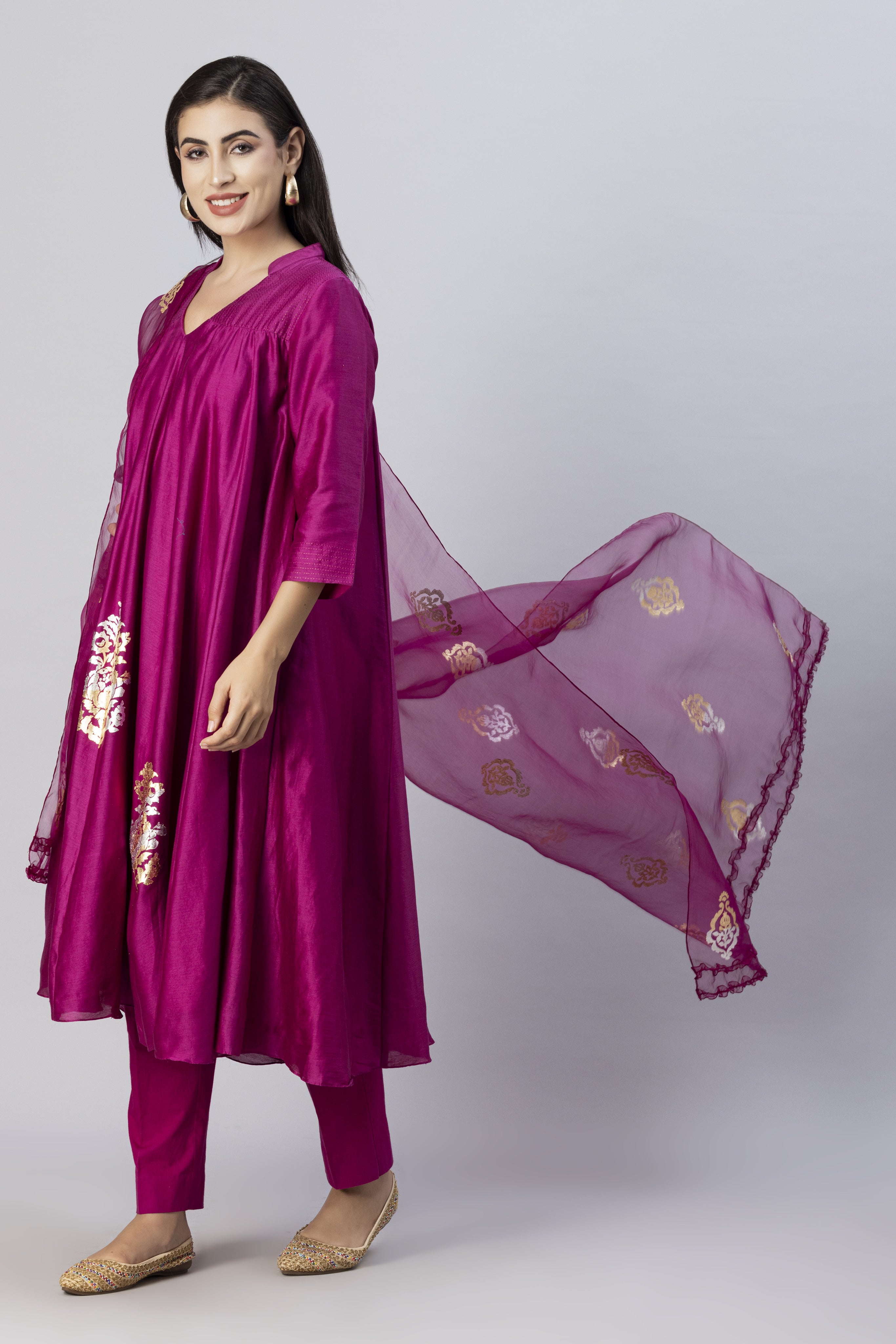 Plum Pink Free Flow Anarkali Style Kurta Set