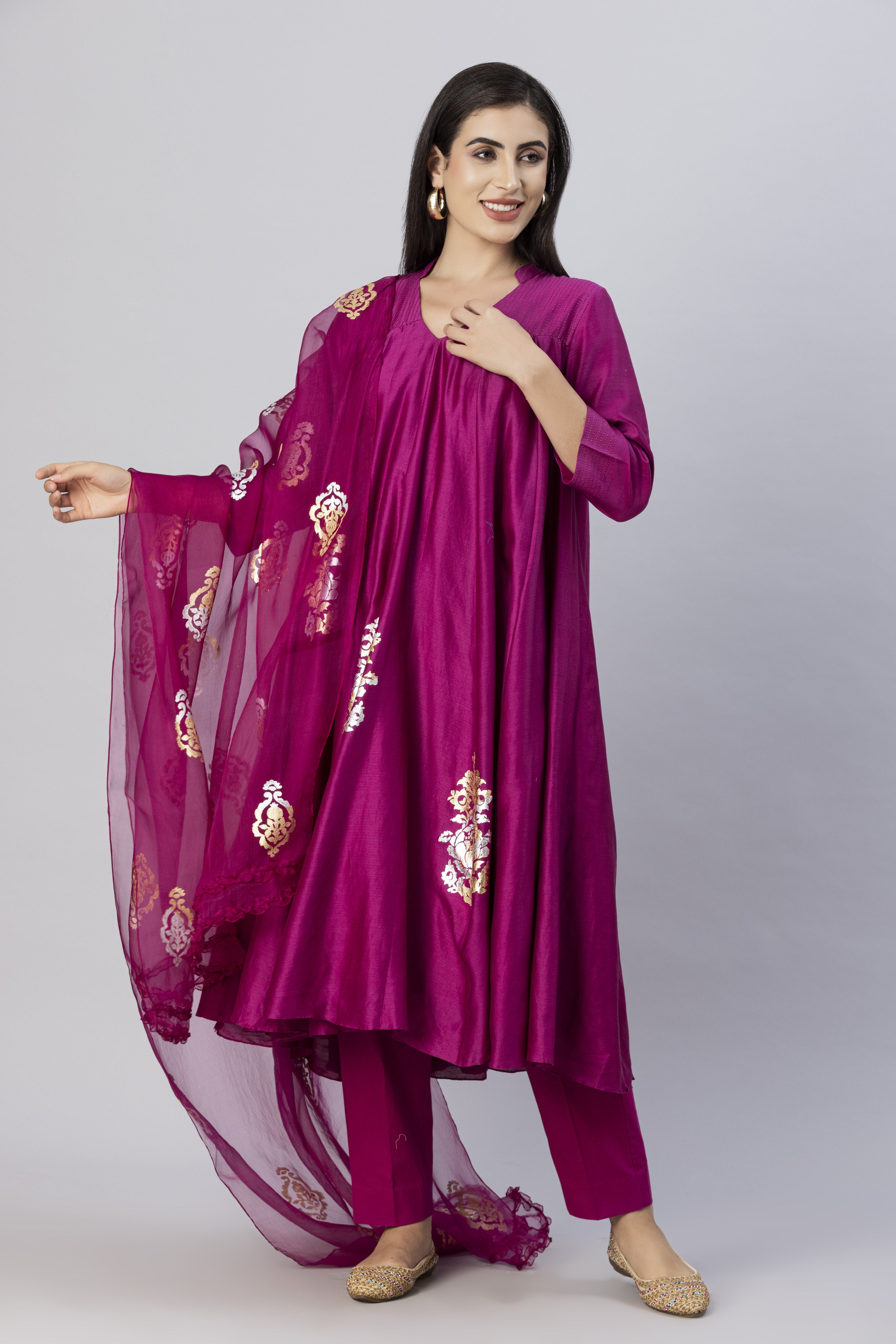 Plum Pink Free Flow Anarkali Style Kurta Set