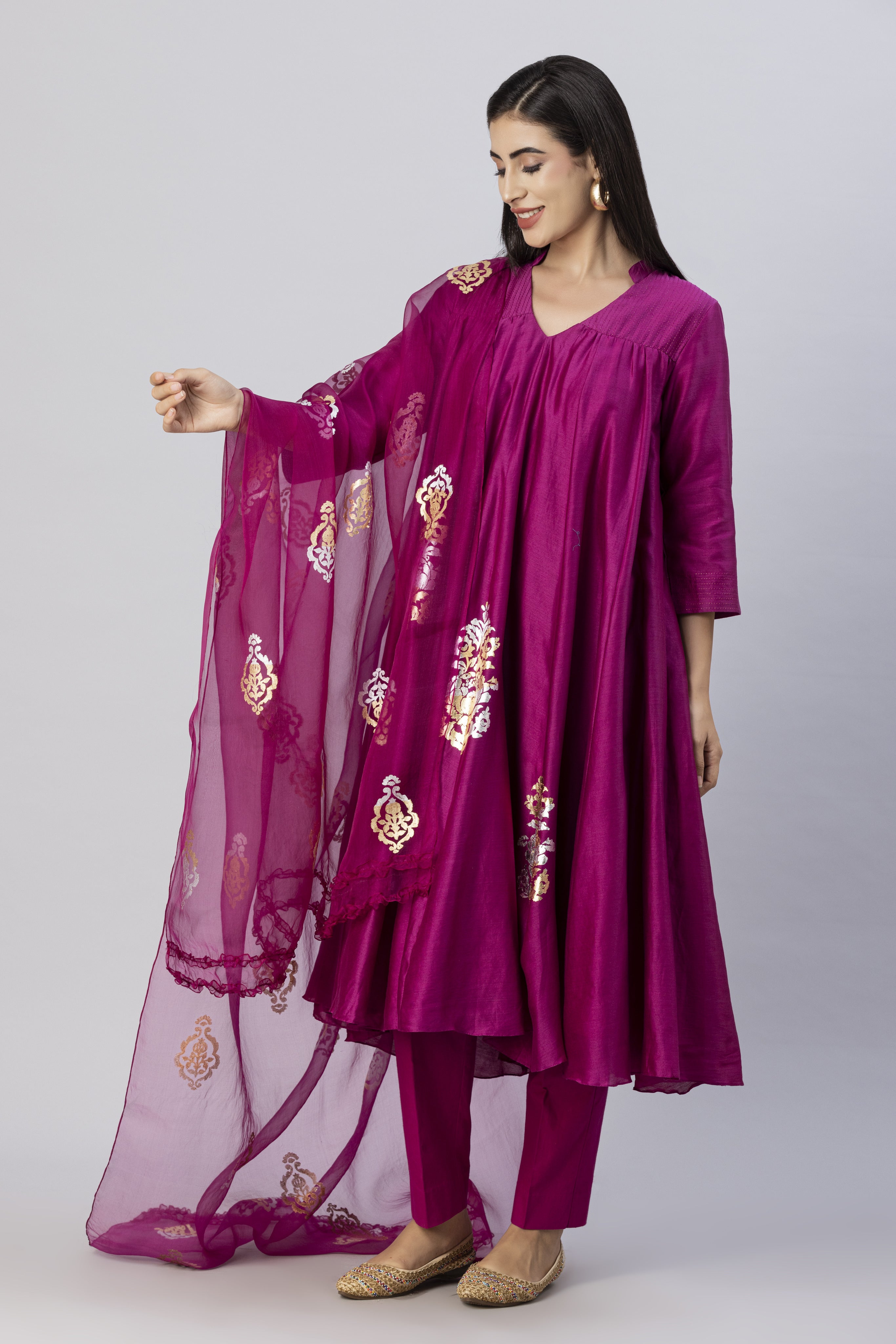 Plum Pink Free Flow Anarkali Style Kurta Set