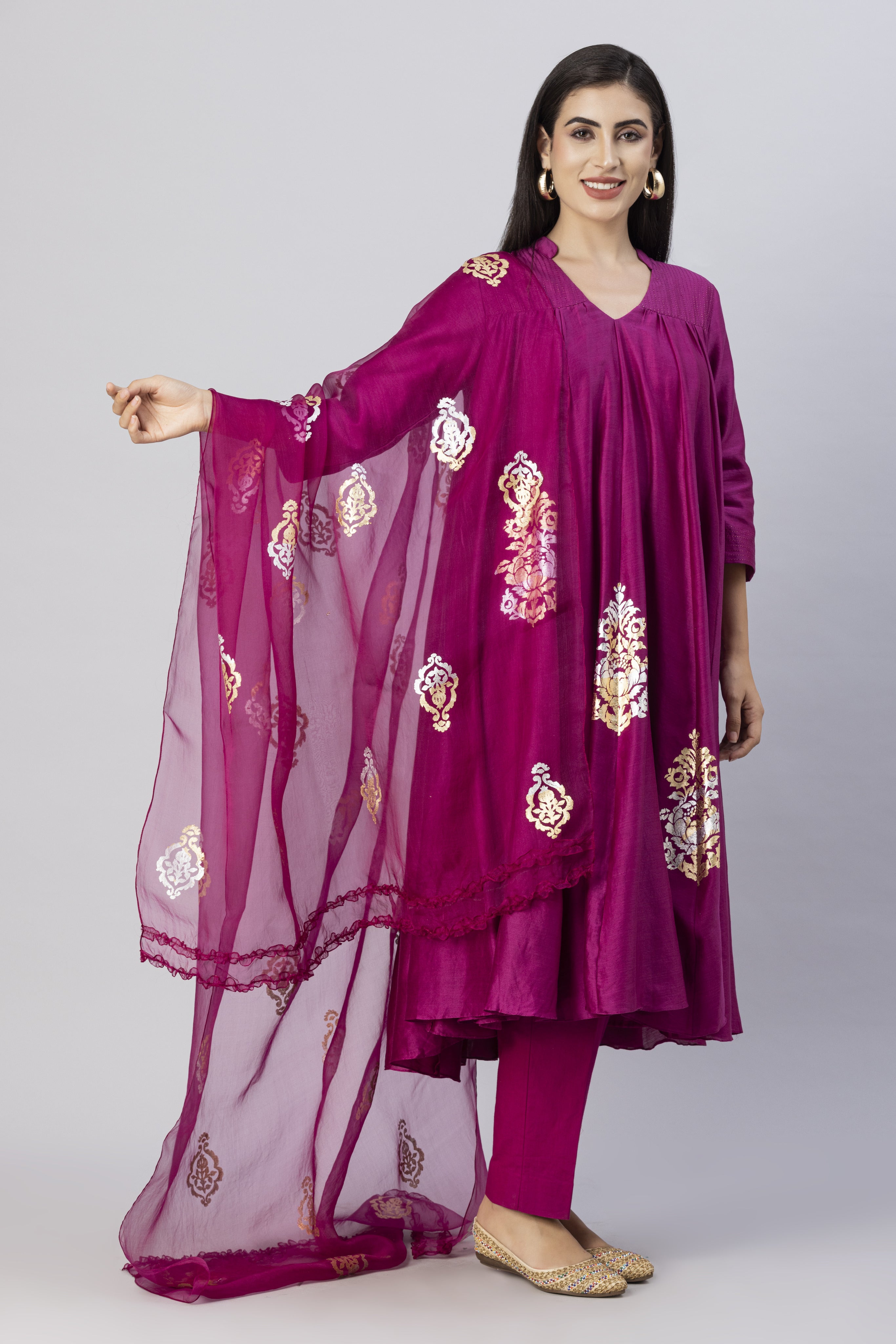 Plum Pink Free Flow Anarkali Style Kurta Set