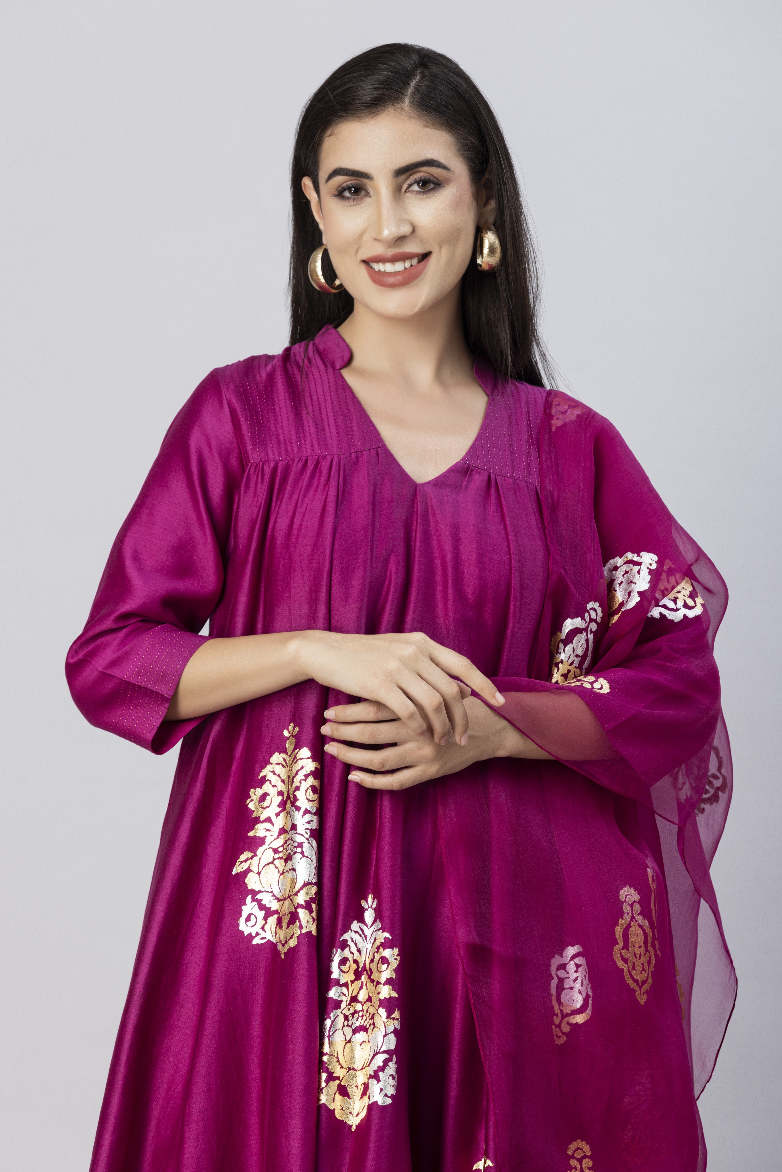 Plum Pink Free Flow Anarkali Style Kurta Set