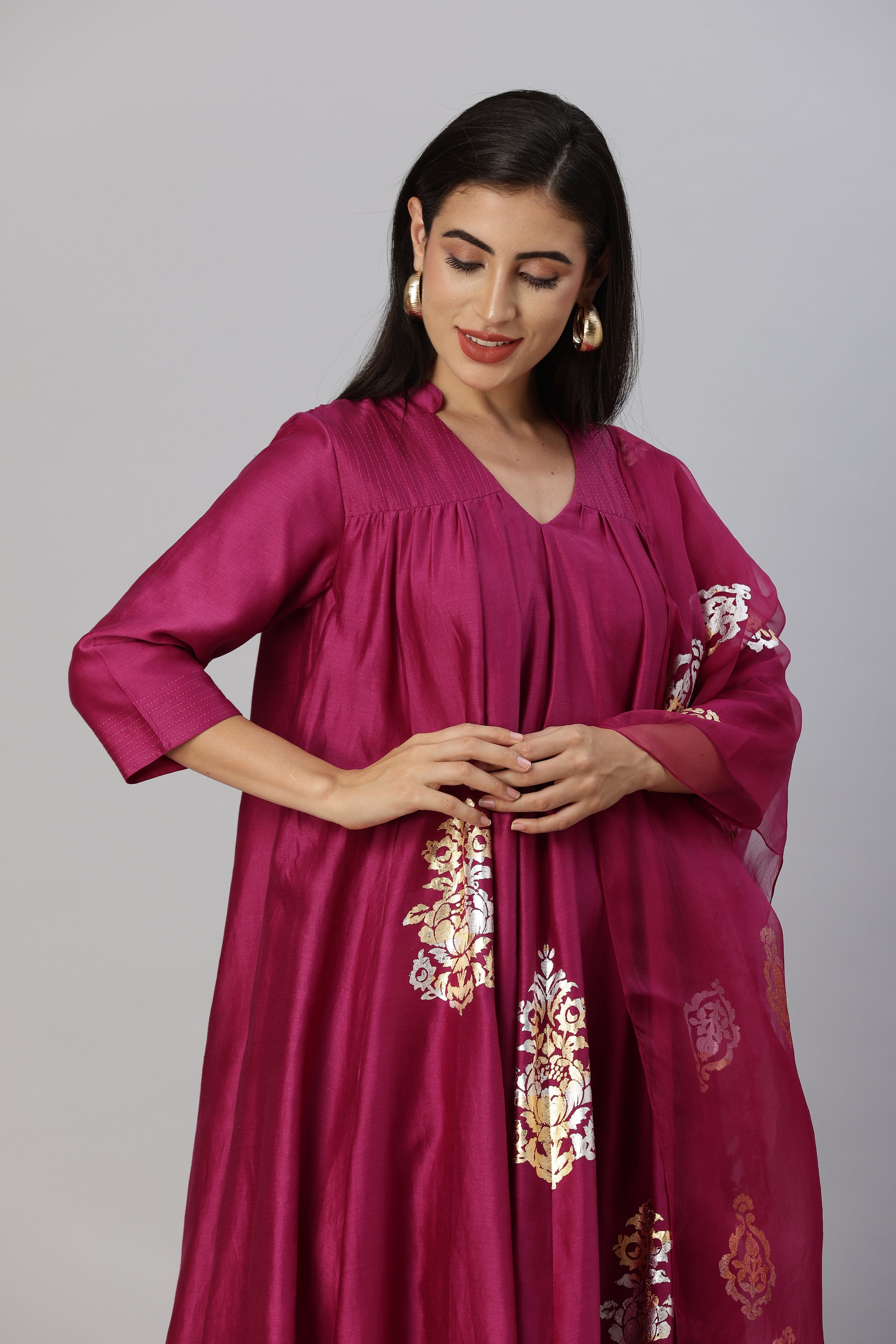 Plum Pink Free Flow Anarkali Style Kurta Set