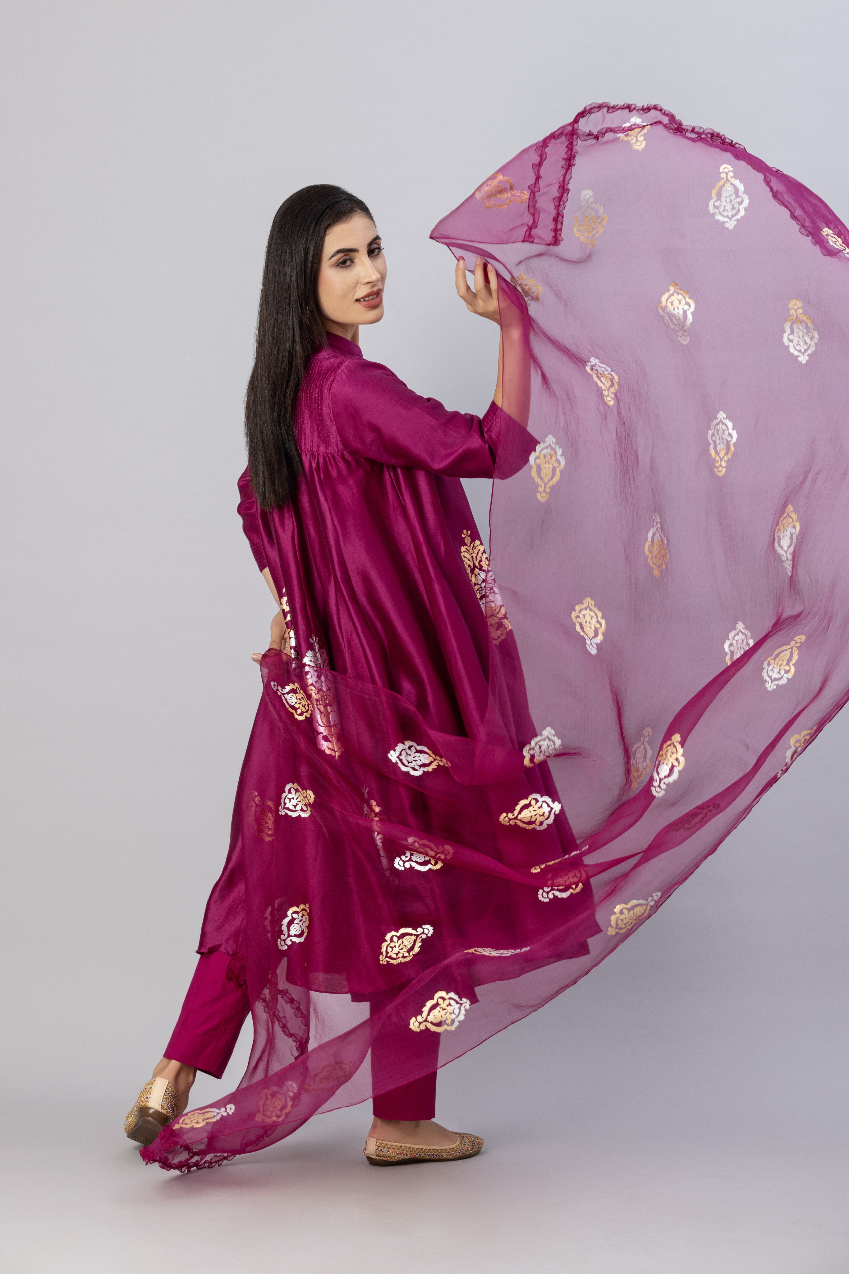 Plum Pink Free Flow Anarkali Style Kurta Set