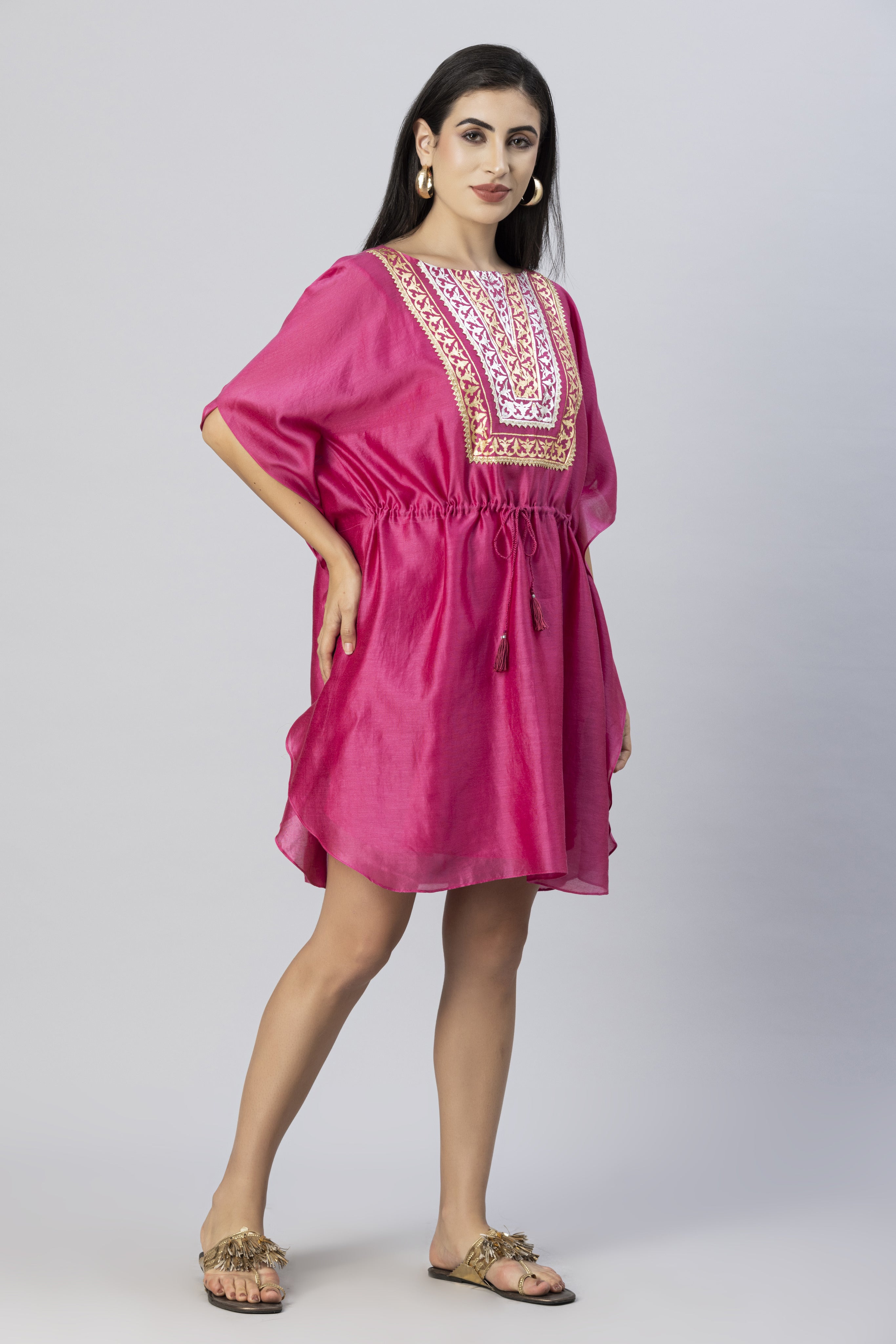 Rosewood Pink with Mirror work Skirt and Kimono Style Foil Work Top