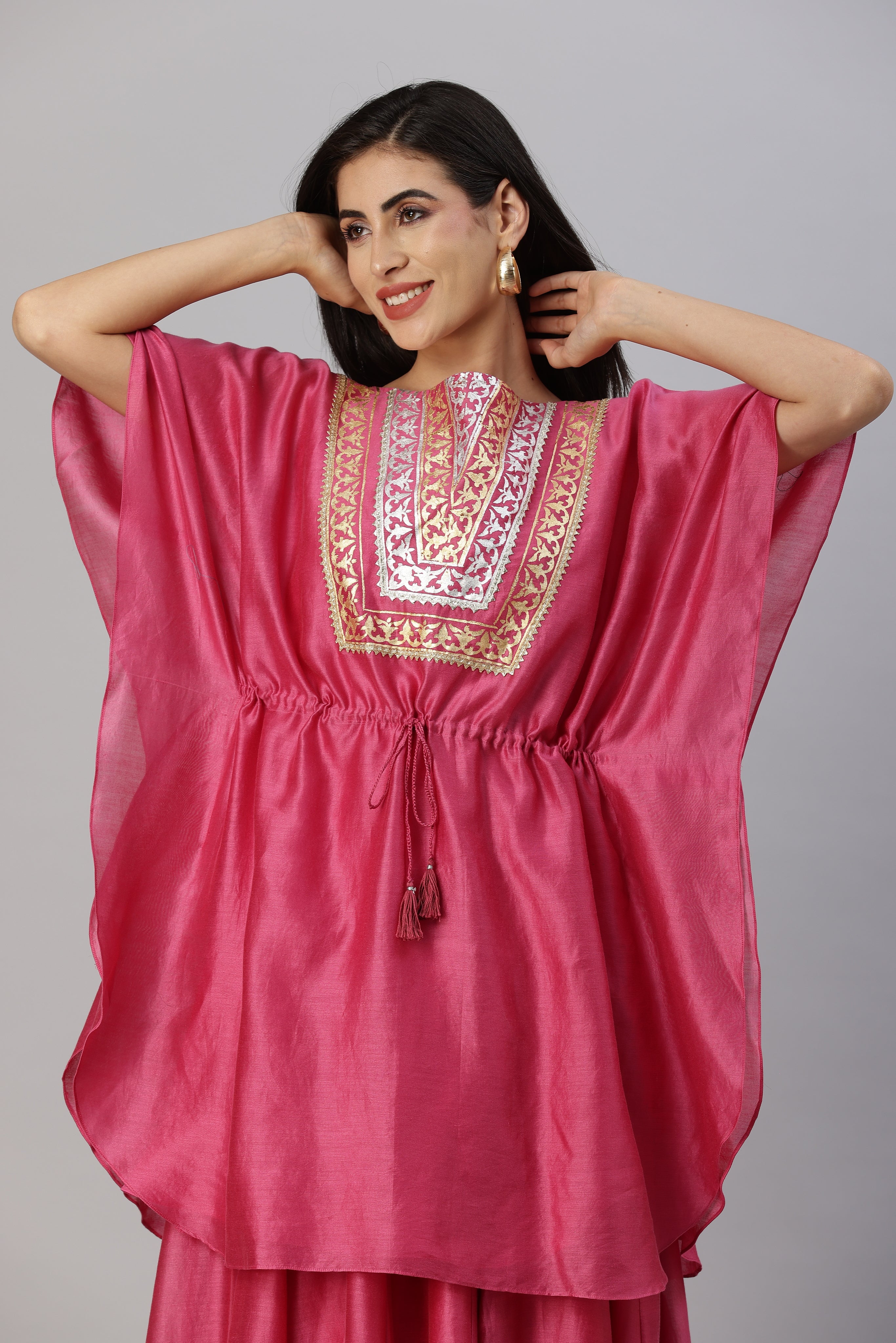 Rosewood Pink with Mirror work Skirt and Kimono Style Foil Work Top