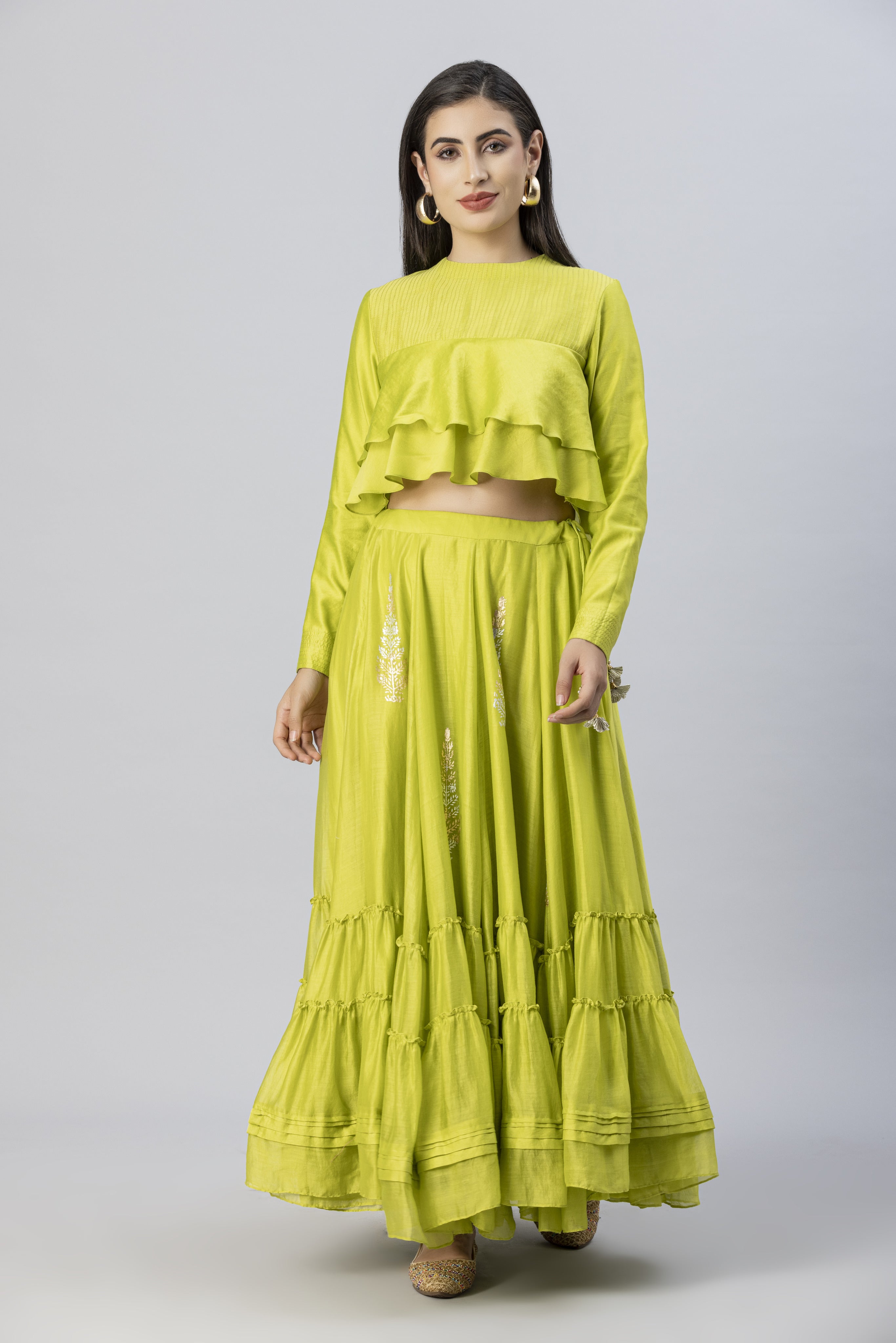 Lime Green Bohemian Lehenga Skirt with Layered Crop Top