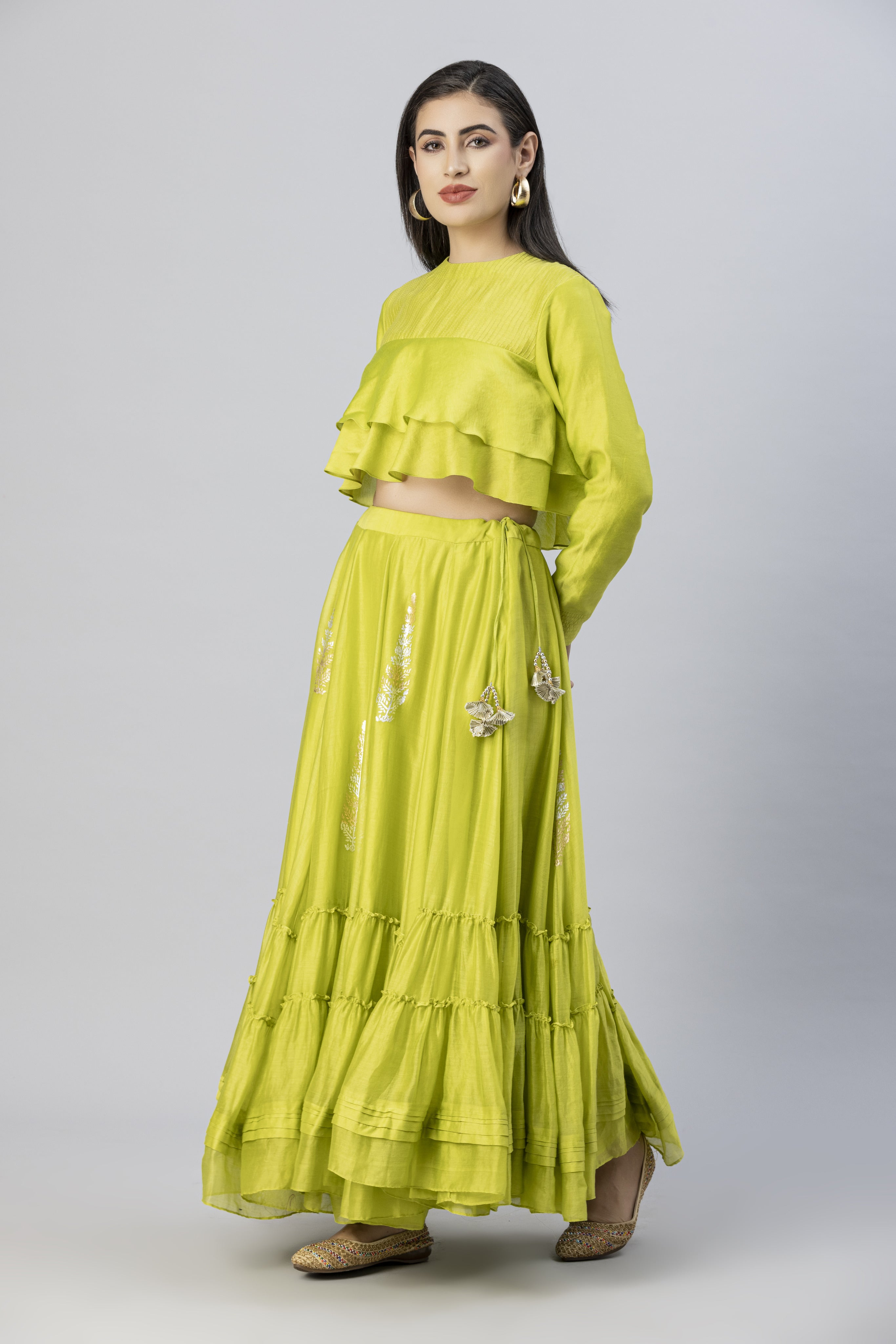 Lime Green Bohemian Lehenga Skirt with Layered Crop Top