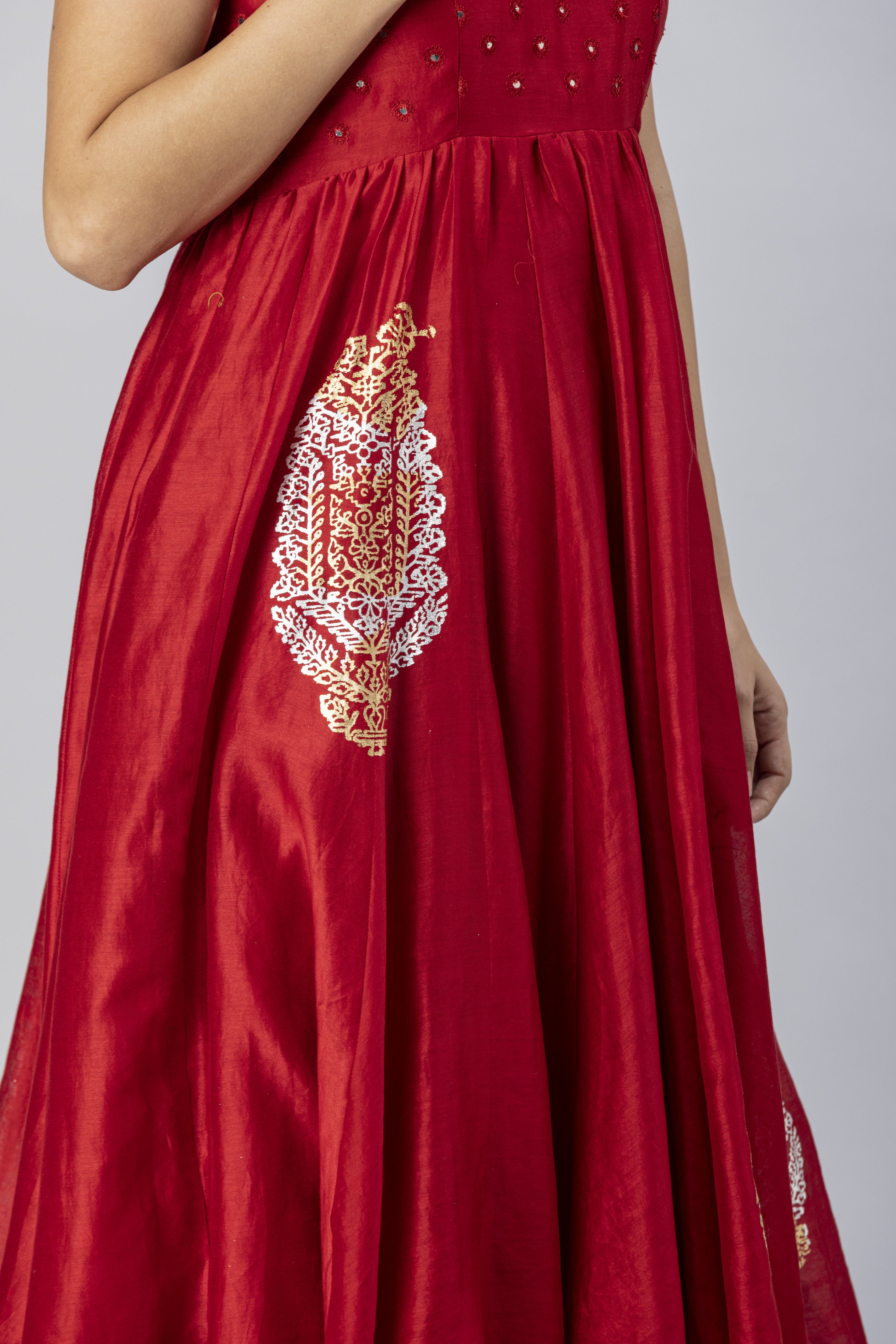 Red Sleevless Anarkali Style with Narrow Pants and Mirror Work Dupatta Set