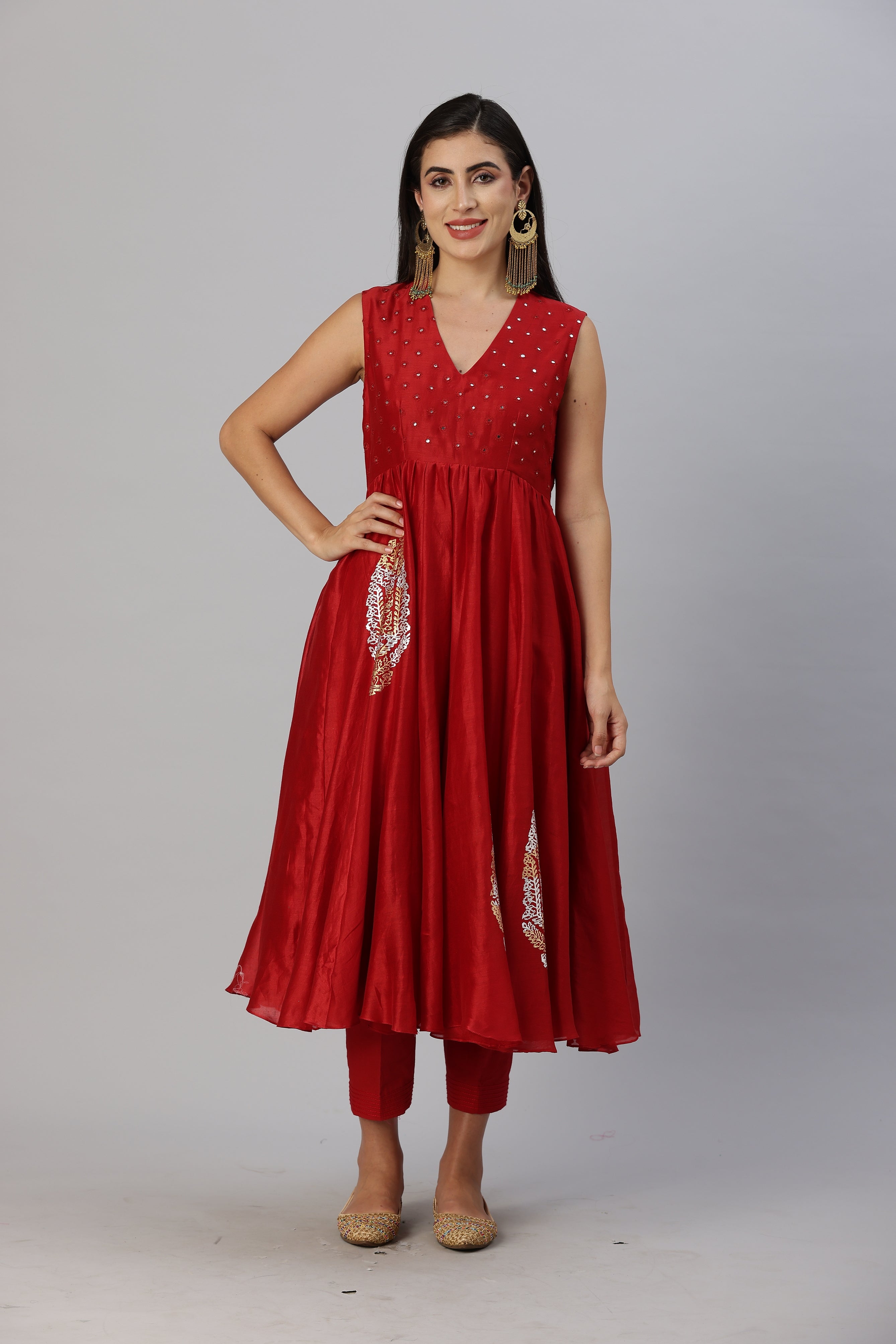 Red Sleevless Anarkali Style with Narrow Pants and Mirror Work Dupatta Set