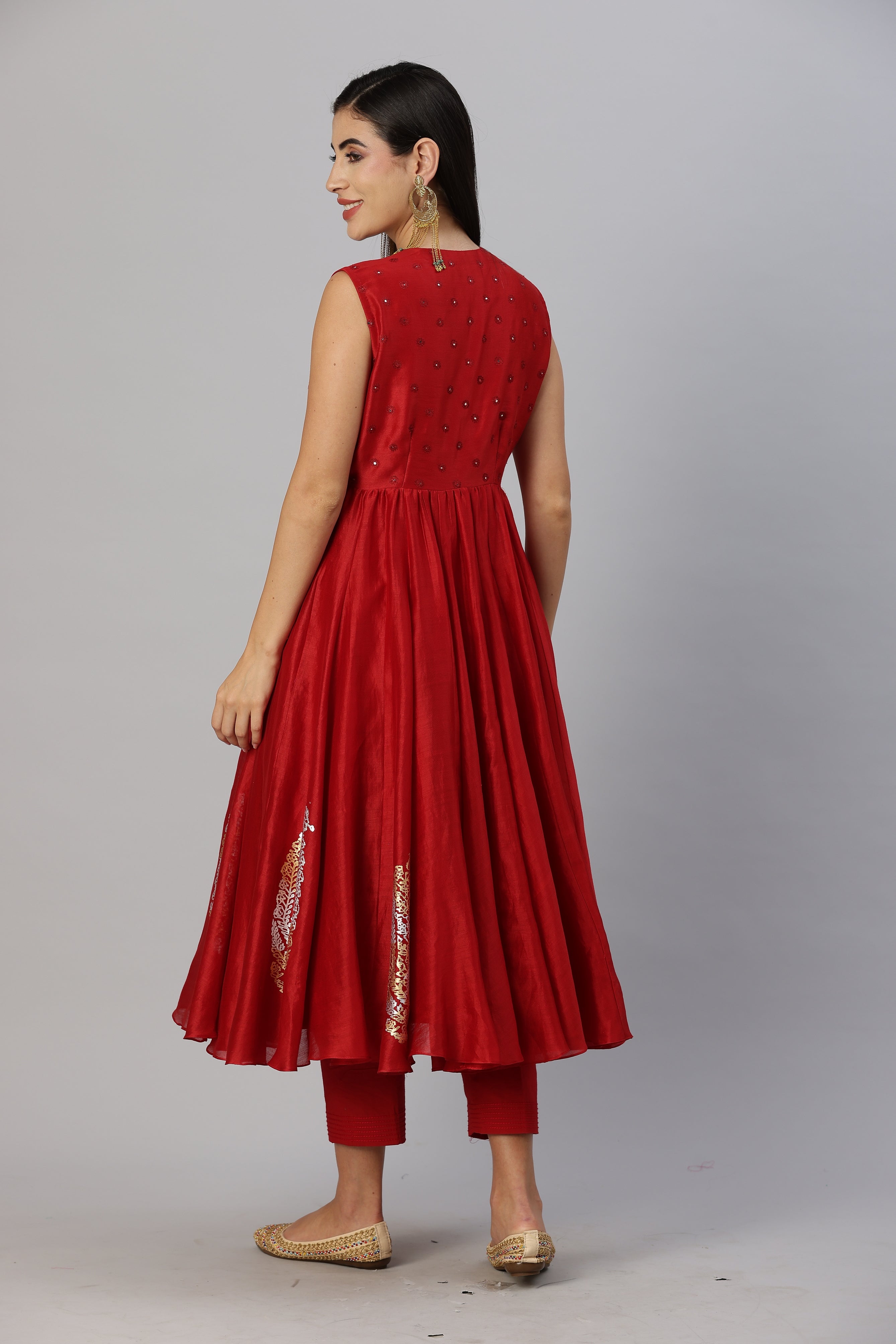 Red Sleevless Anarkali Style with Narrow Pants and Mirror Work Dupatta Set