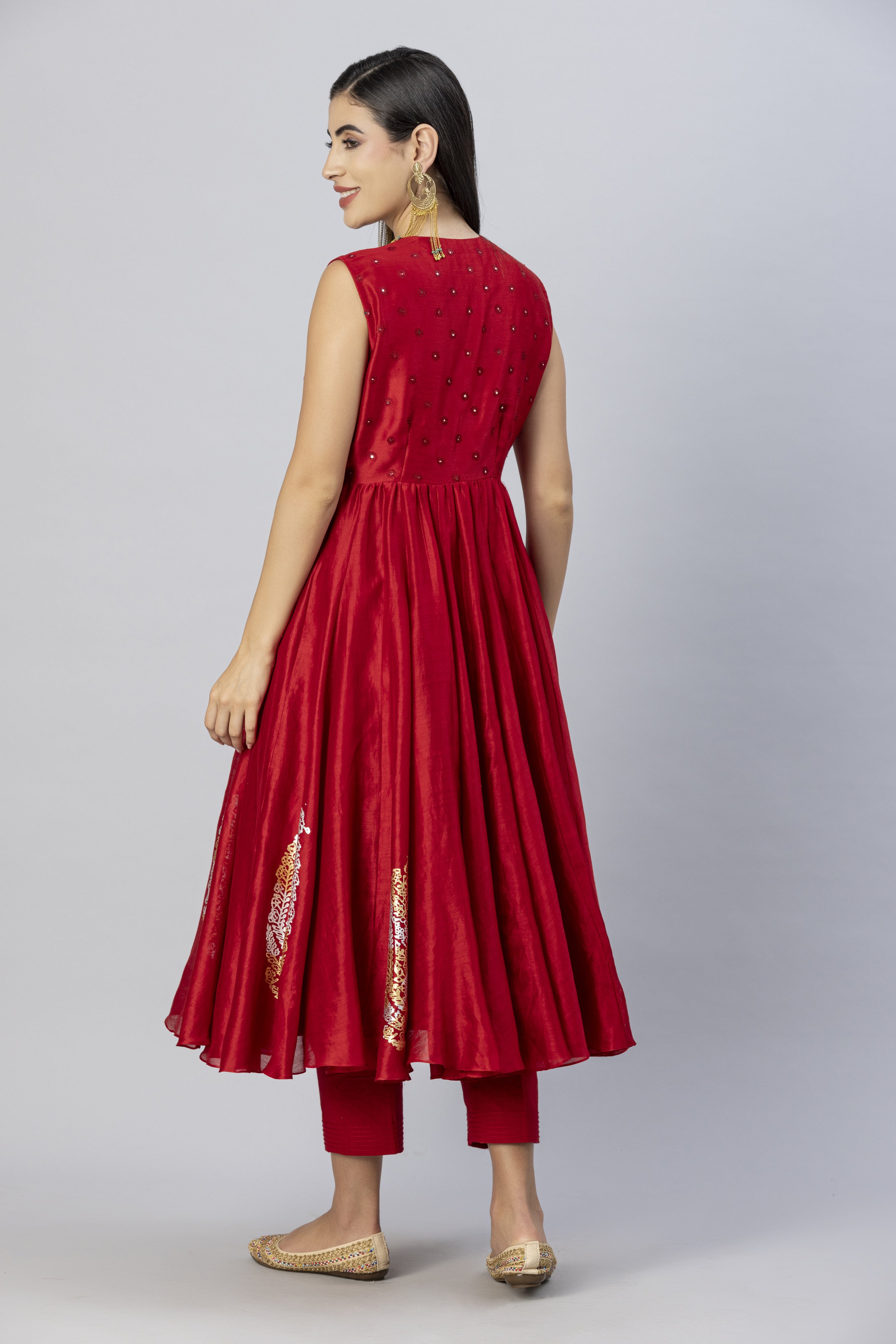 Red Sleevless Anarkali Style with Narrow Pants and Mirror Work Dupatta Set