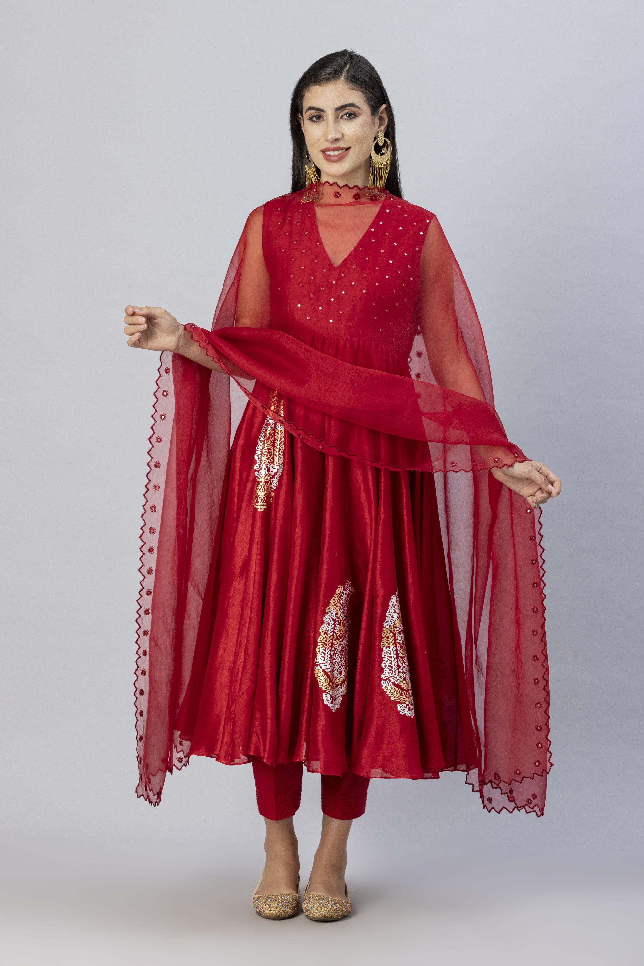 Red Sleevless Anarkali Style with Narrow Pants and Mirror Work Dupatta Set