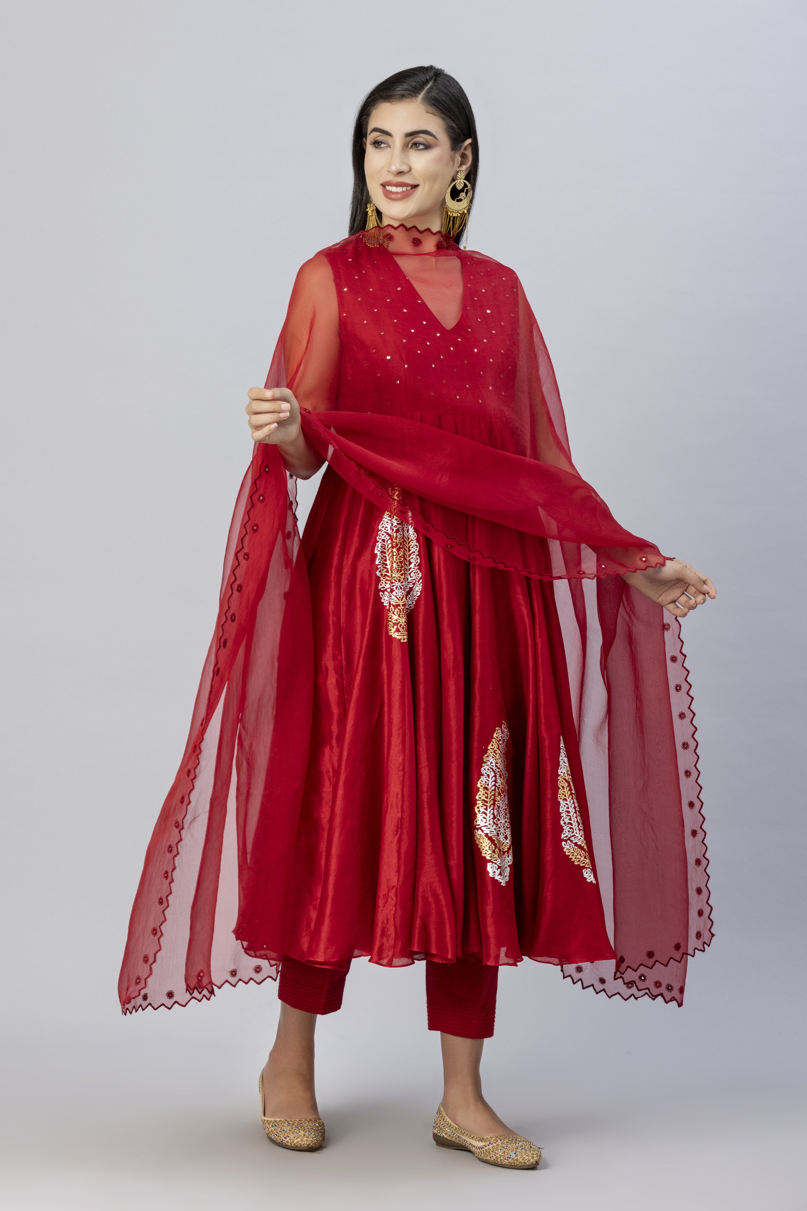 Red Sleevless Anarkali Style with Narrow Pants and Mirror Work Dupatta Set