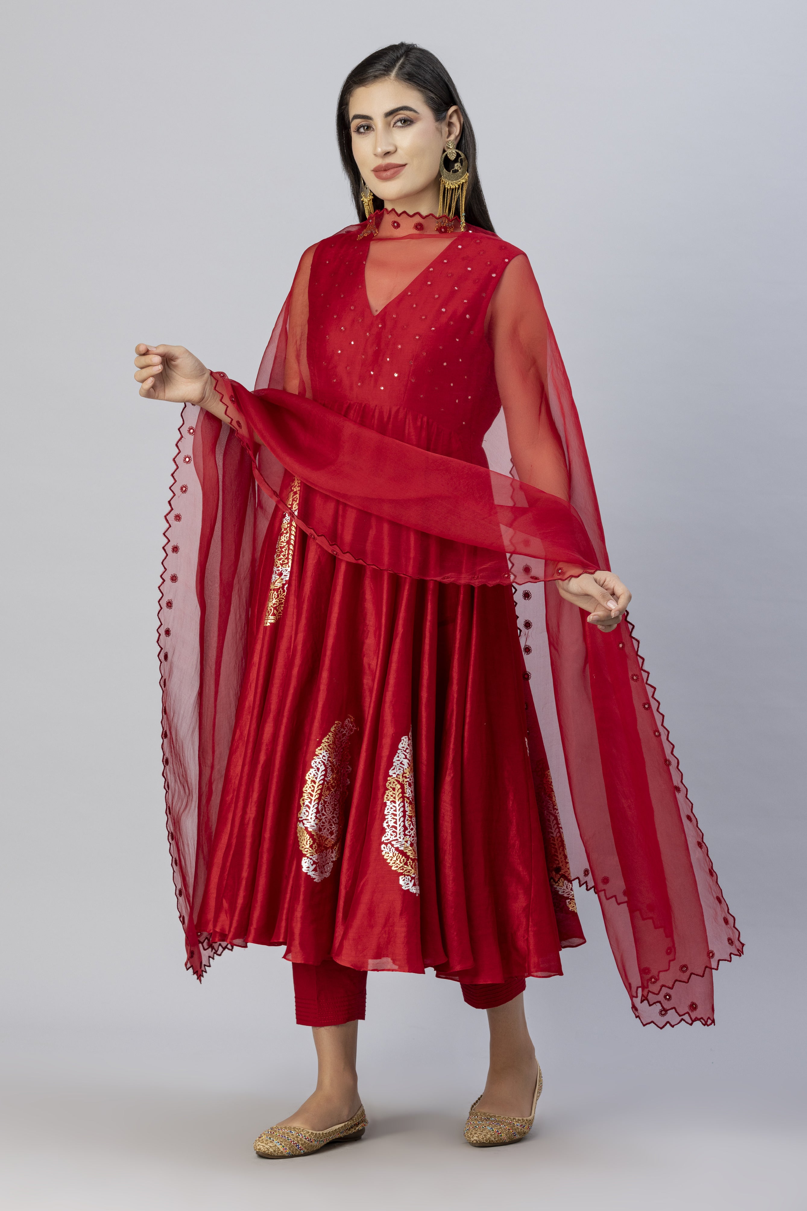 Red Sleevless Anarkali Style with Narrow Pants and Mirror Work Dupatta Set