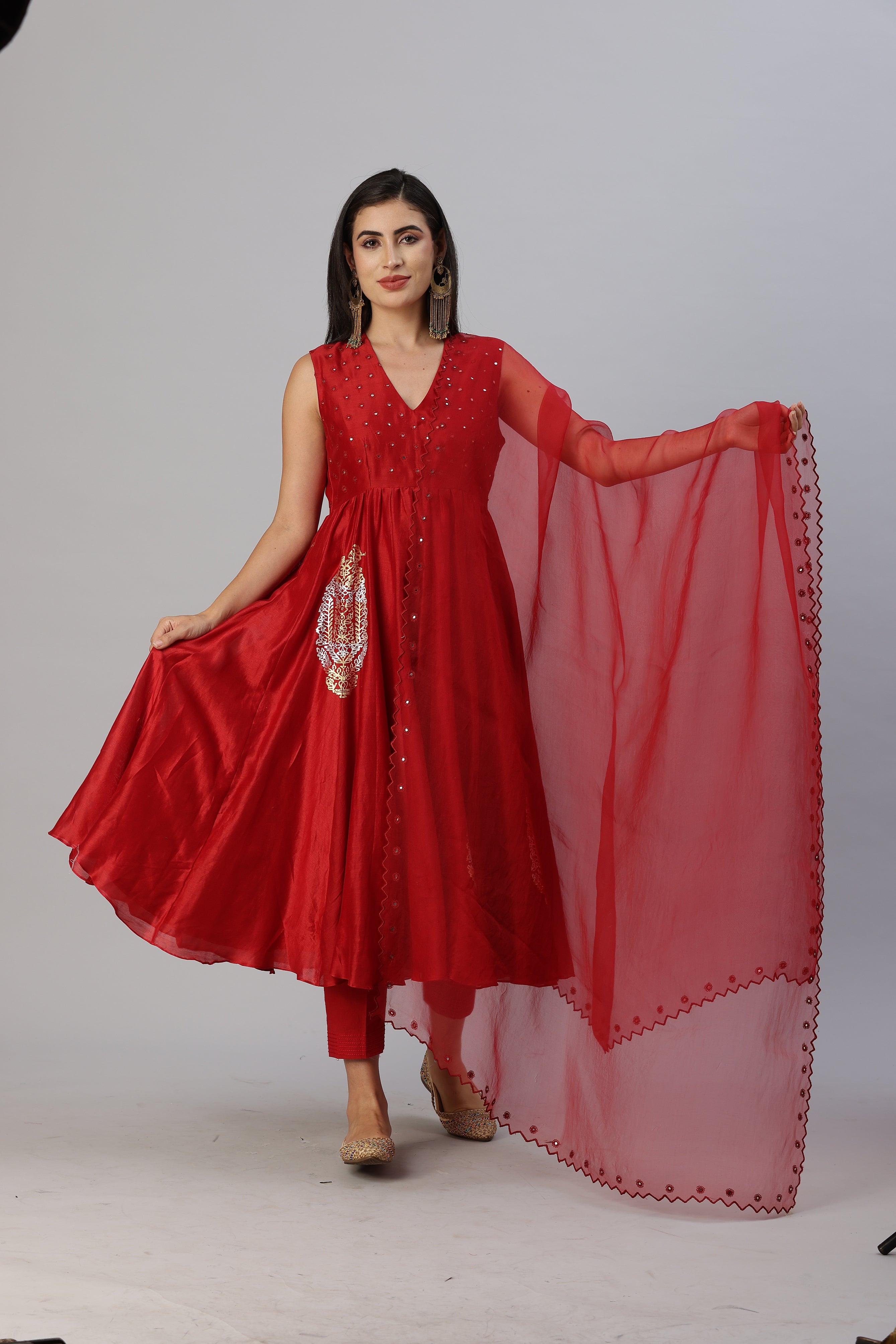 Red Sleevless Anarkali Style with Narrow Pants and Mirror Work Dupatta Set