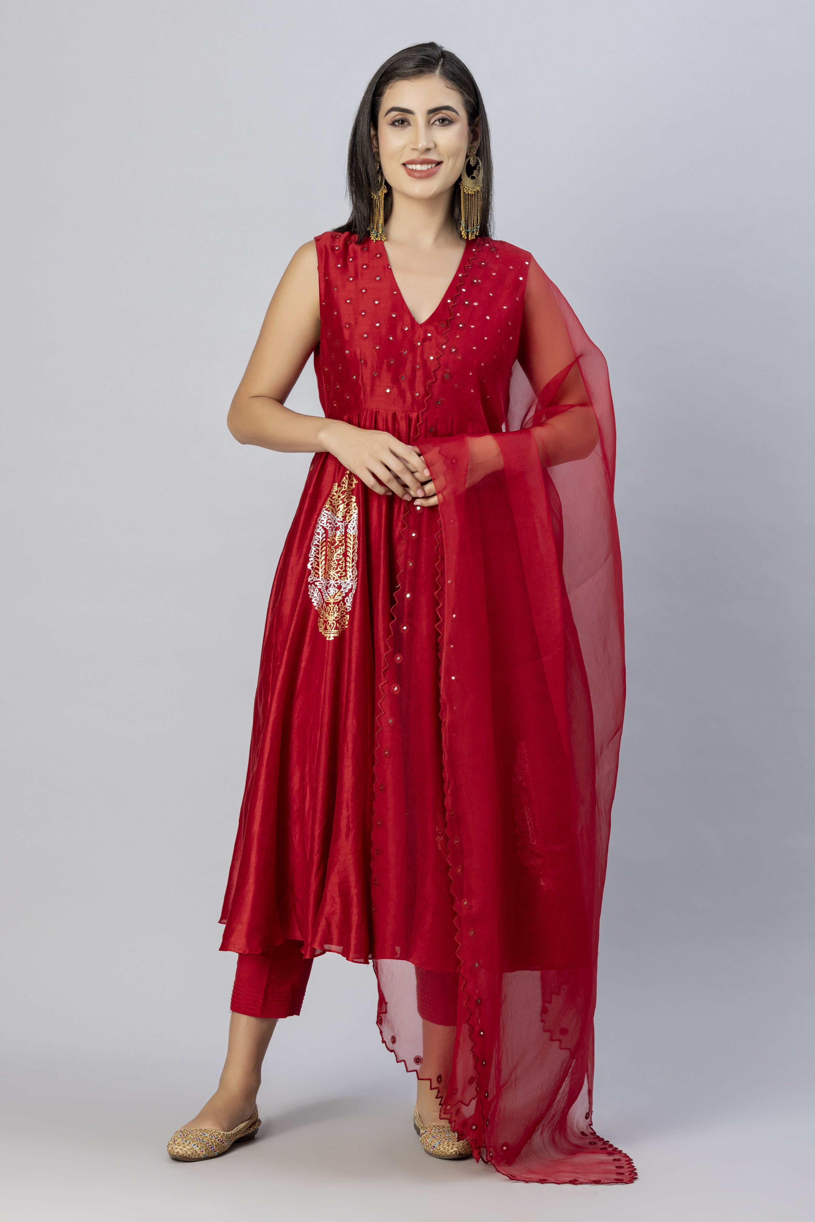 Red Sleevless Anarkali Style with Narrow Pants and Mirror Work Dupatta Set