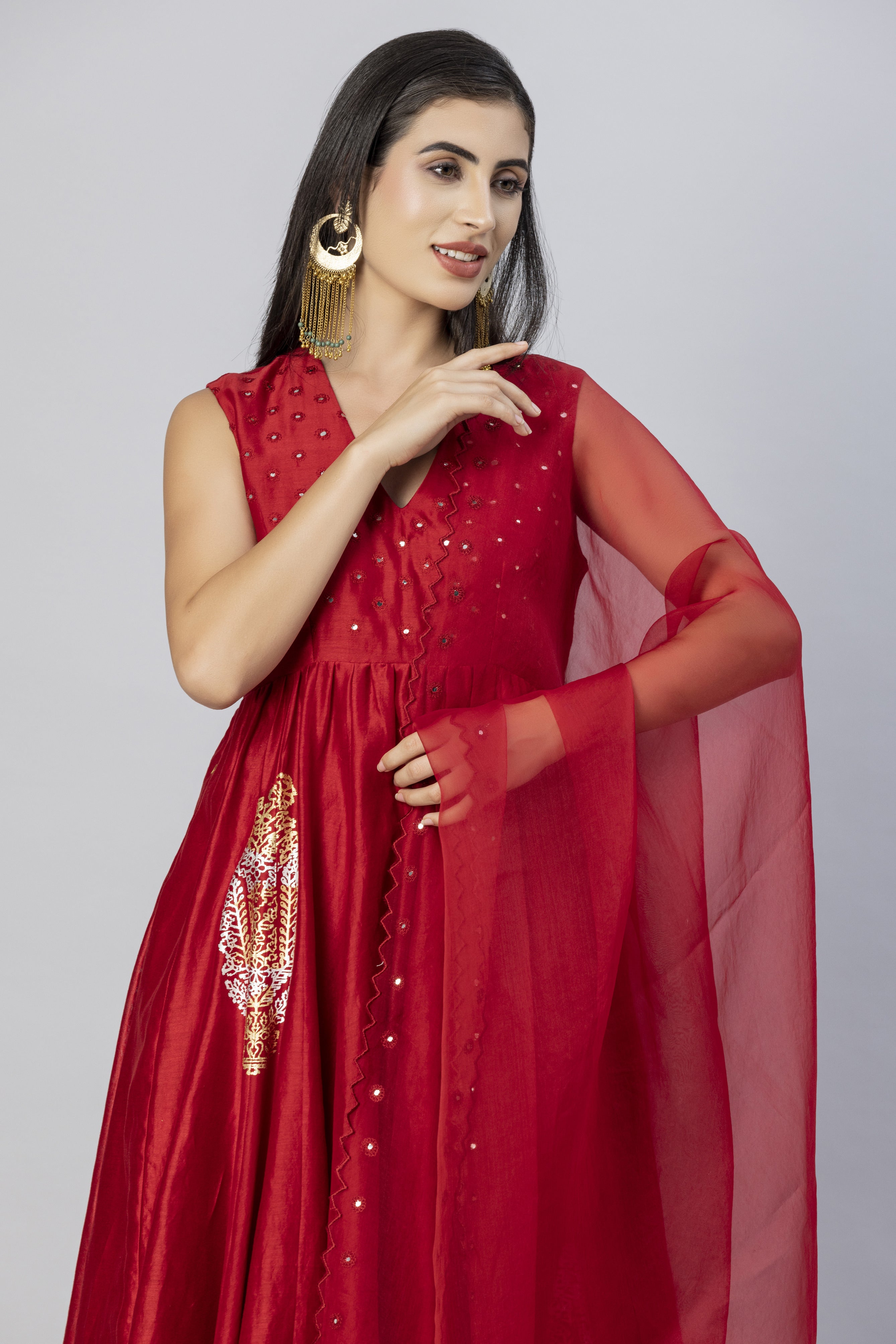 Red Sleevless Anarkali Style with Narrow Pants and Mirror Work Dupatta Set