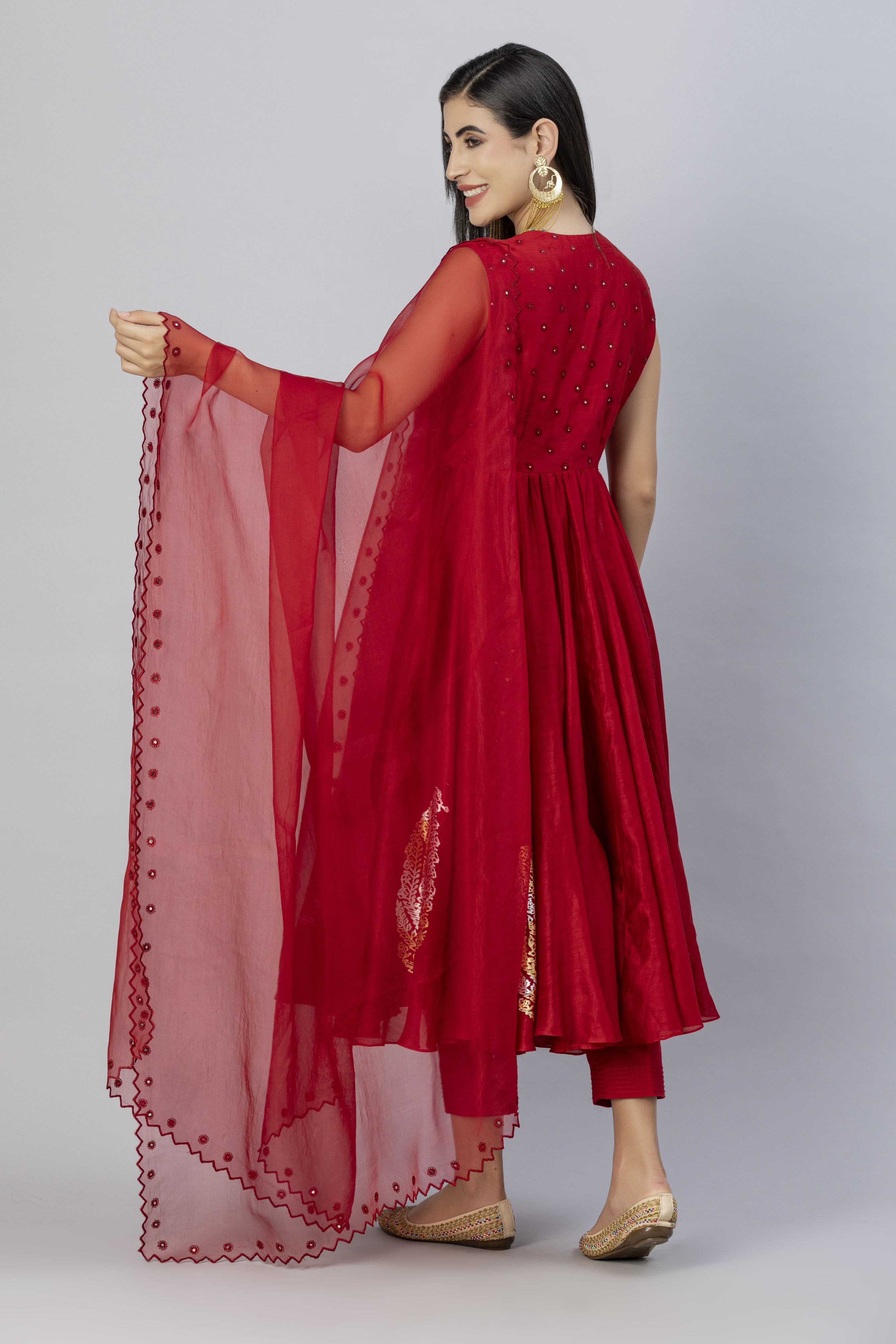 Red Sleevless Anarkali Style with Narrow Pants and Mirror Work Dupatta Set