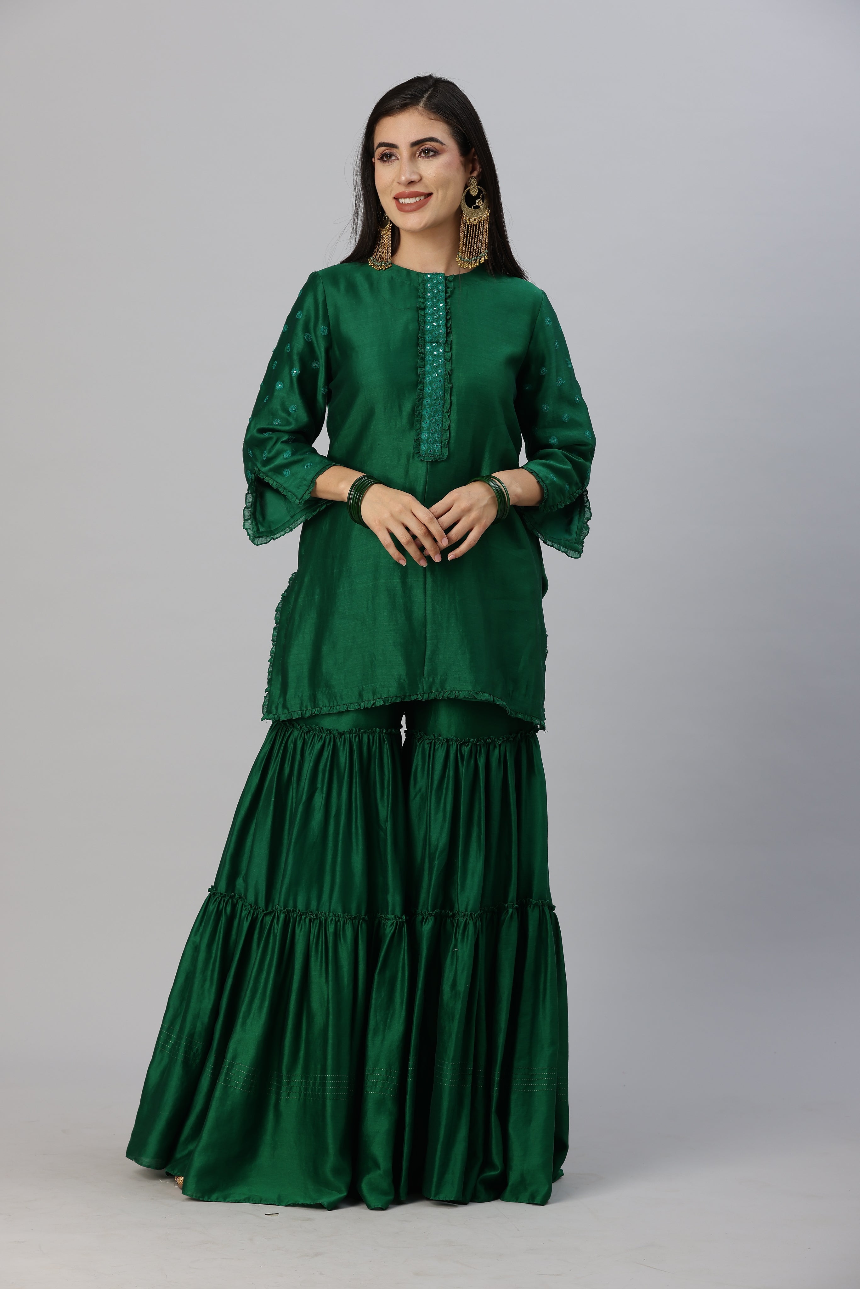 Emerald Green Tiered Garara Short Kurta and Dupatta Set