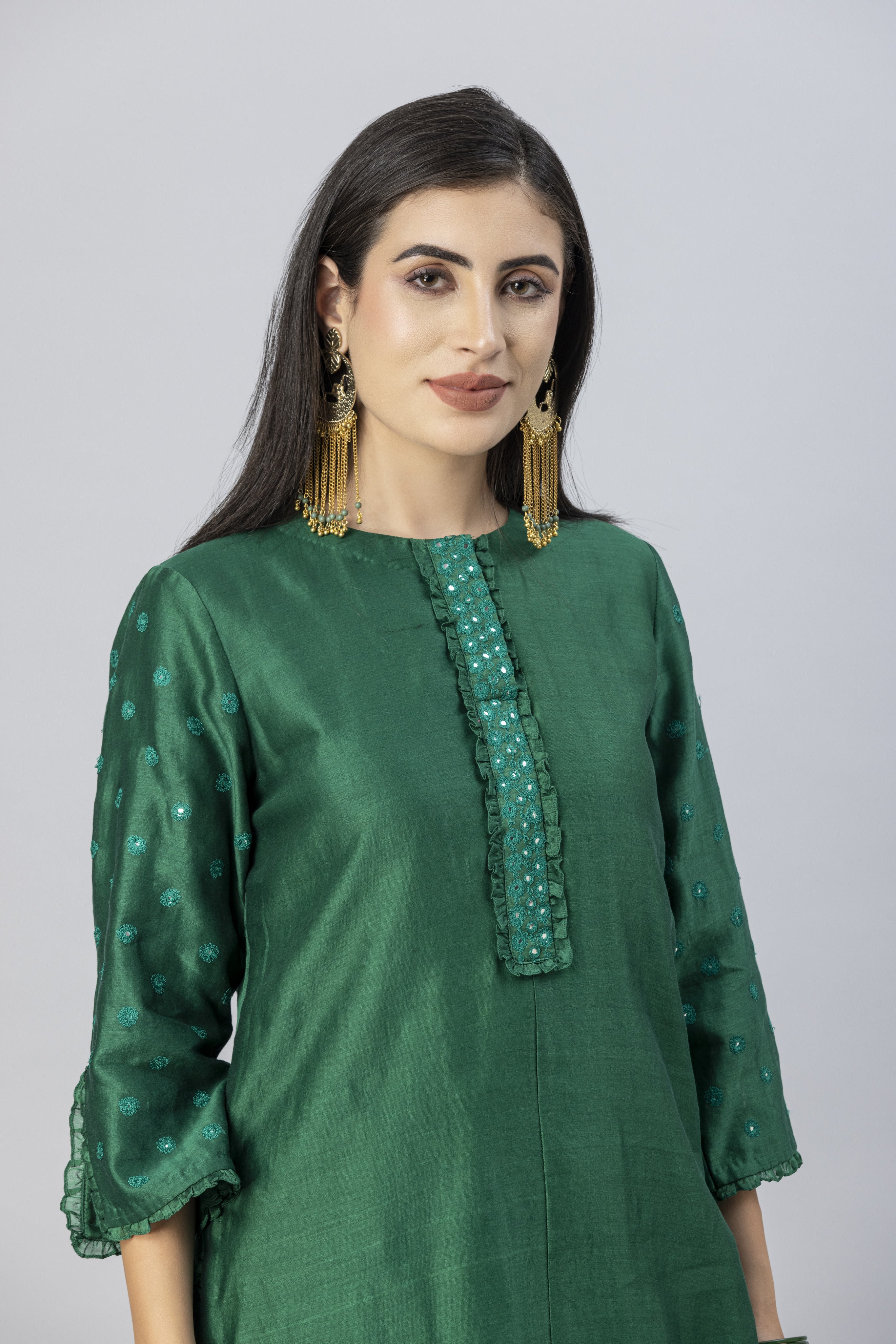 Emerald Green Tiered Garara Short Kurta and Dupatta Set