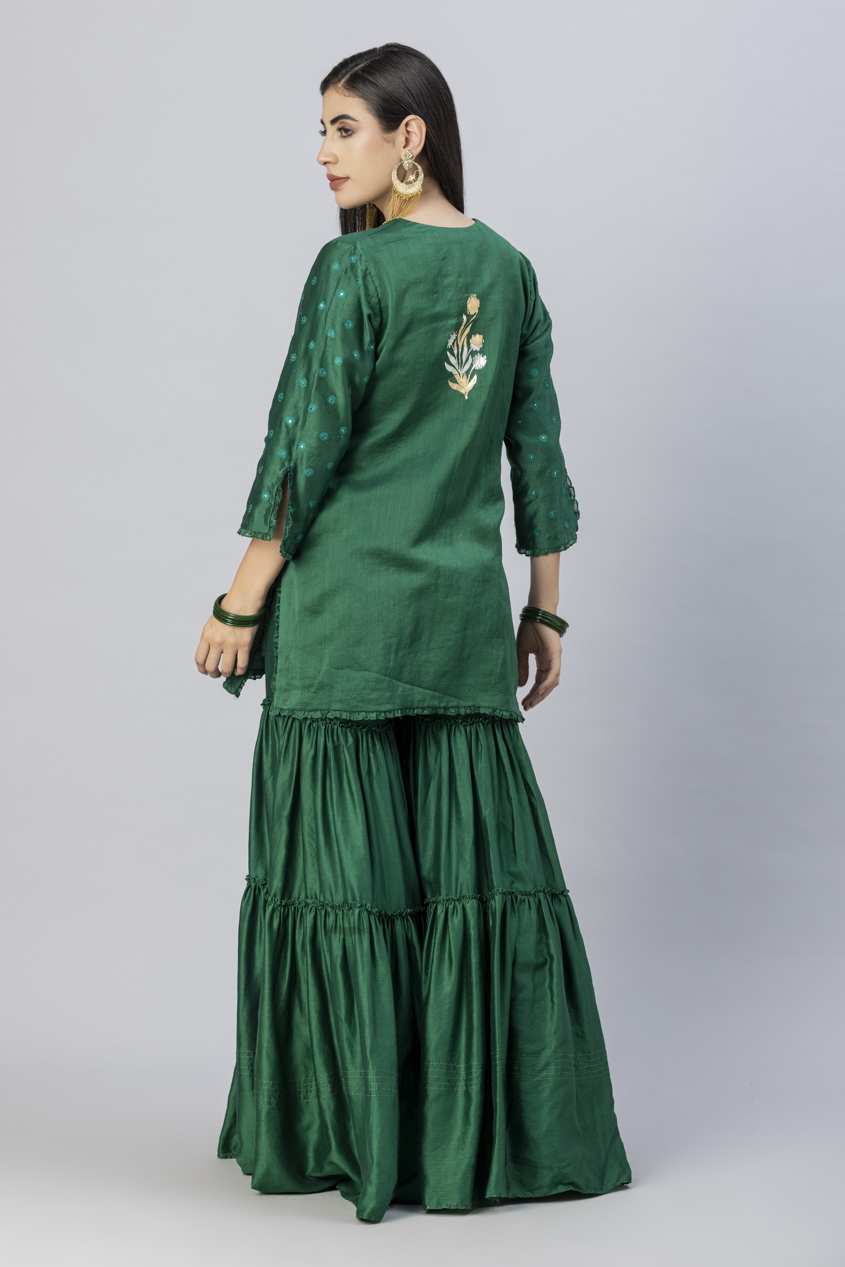 Emerald Green Tiered Garara Short Kurta and Dupatta Set