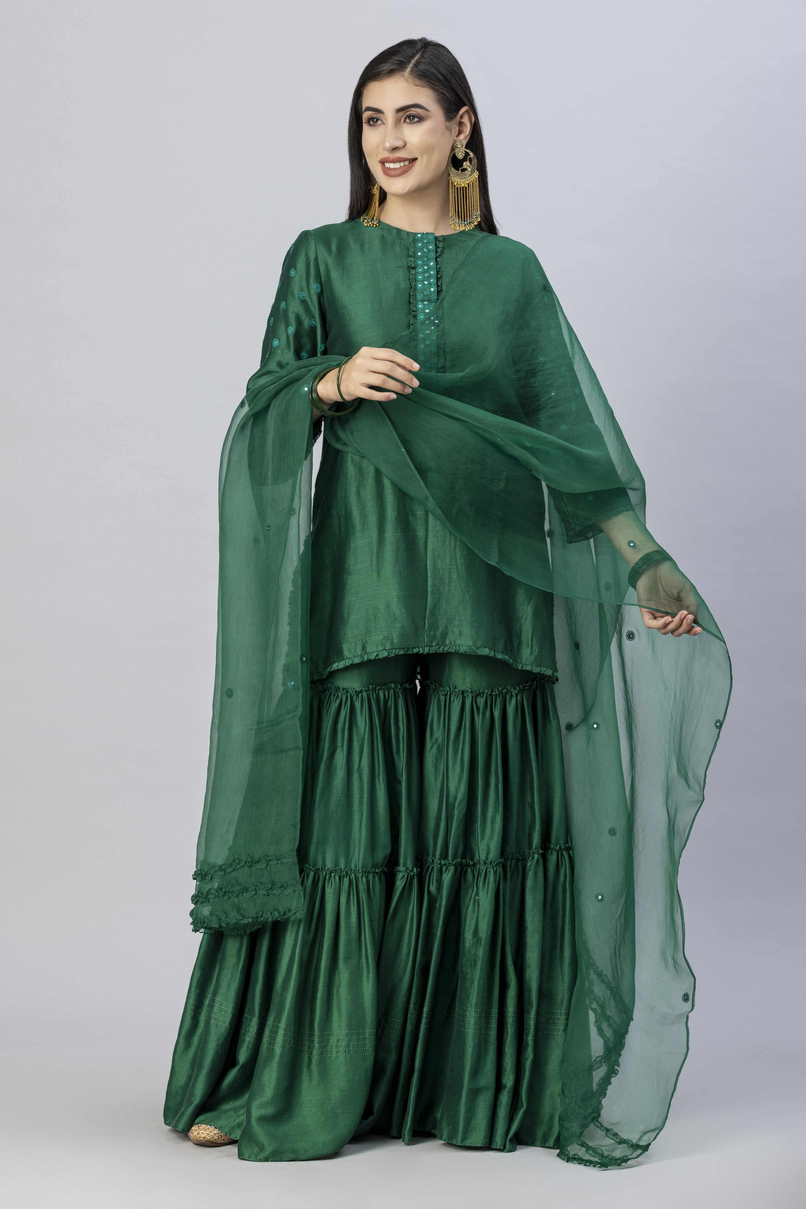 Emerald Green Tiered Garara Short Kurta and Dupatta Set