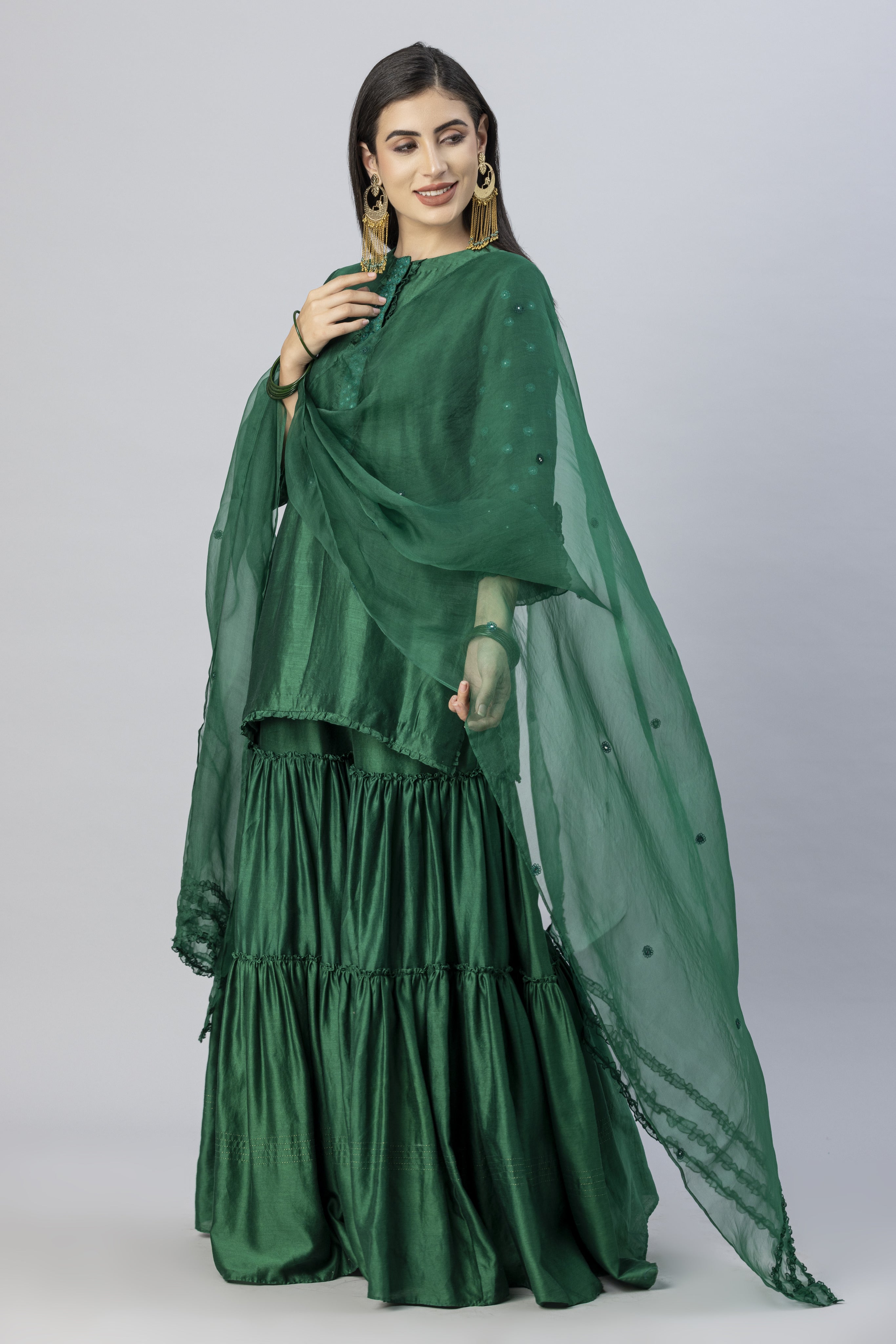 Emerald Green Tiered Garara Short Kurta and Dupatta Set