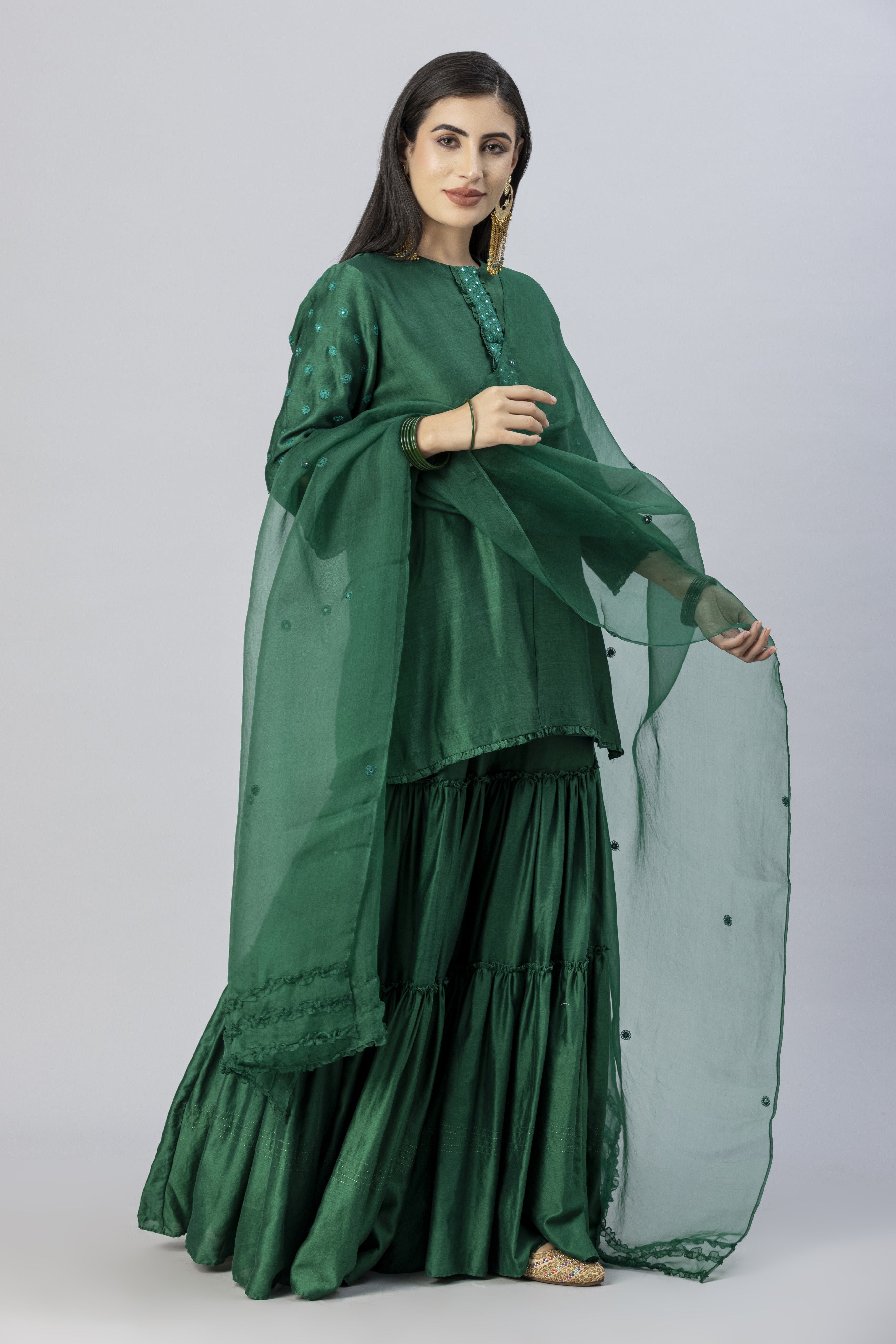 Emerald Green Tiered Garara Short Kurta and Dupatta Set