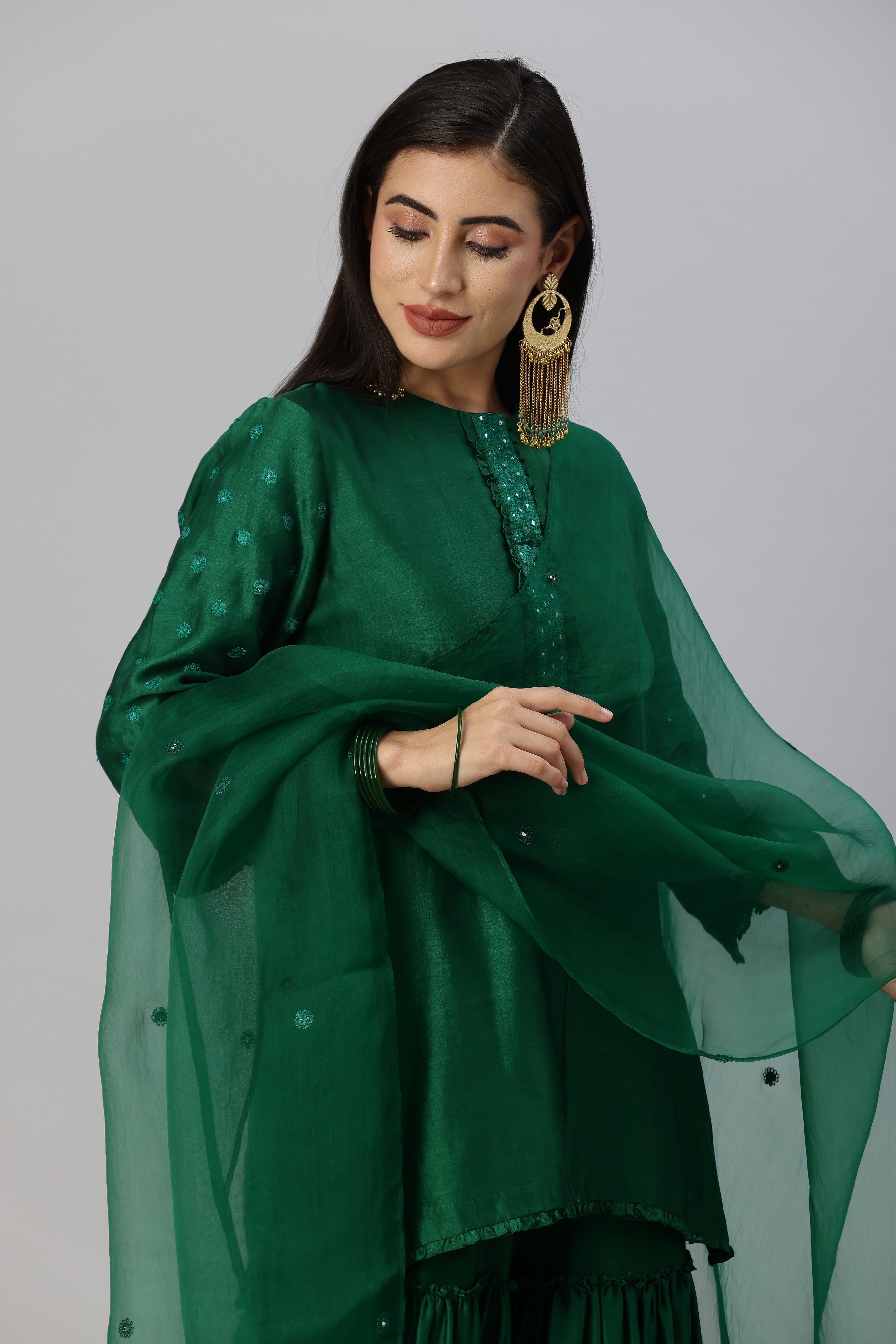 Emerald Green Tiered Garara Short Kurta and Dupatta Set