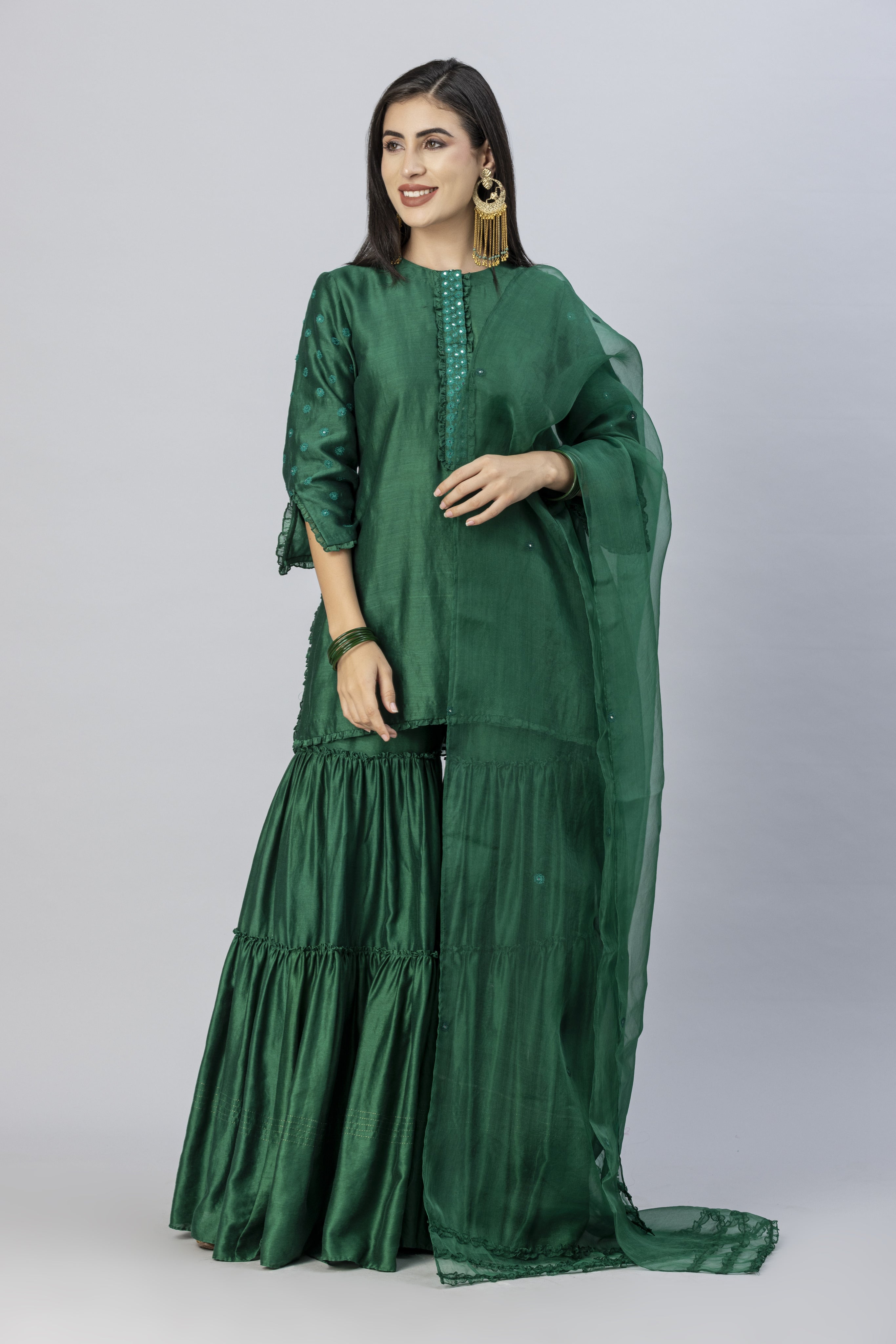 Emerald Green Tiered Garara Short Kurta and Dupatta Set