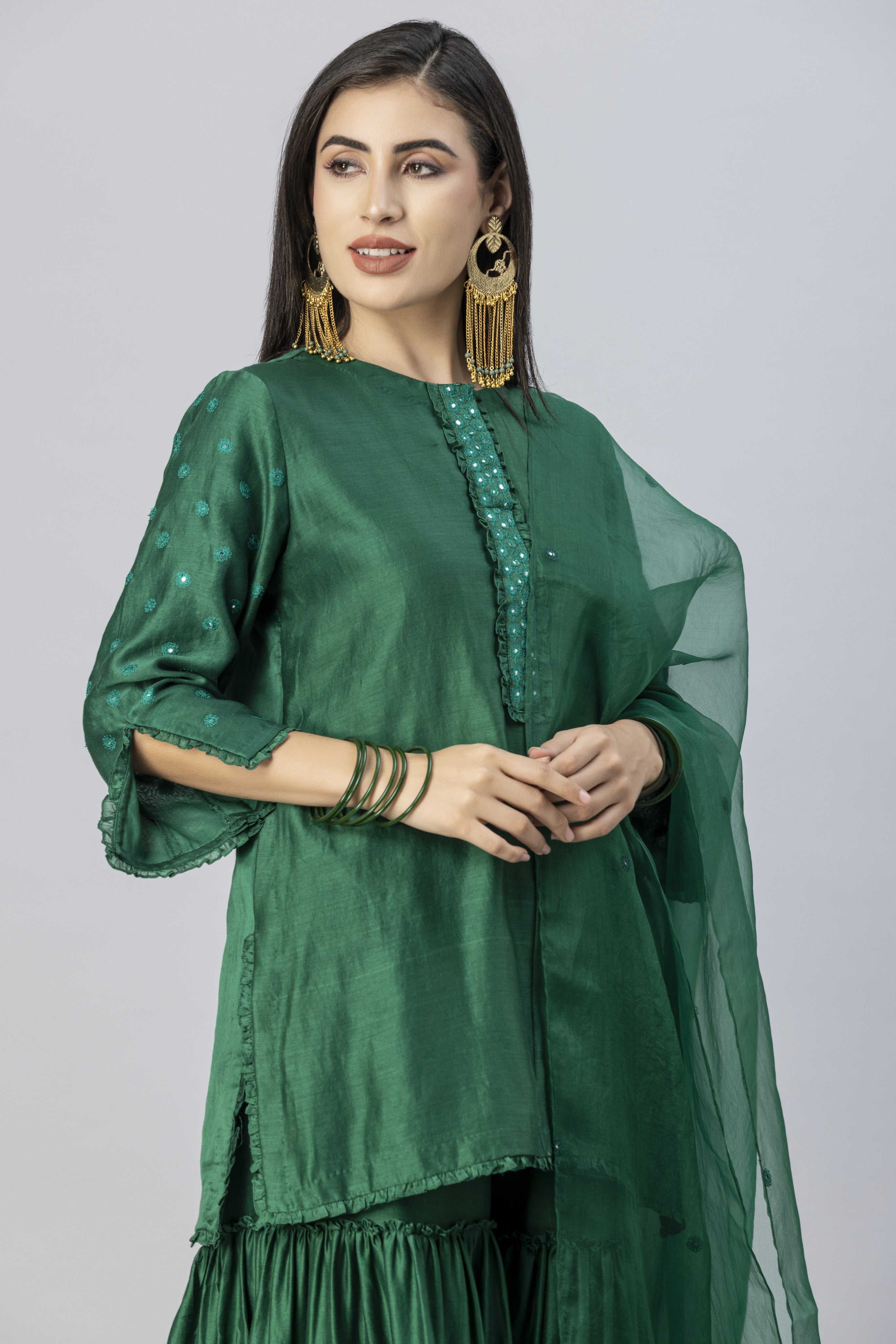 Emerald Green Tiered Garara Short Kurta and Dupatta Set