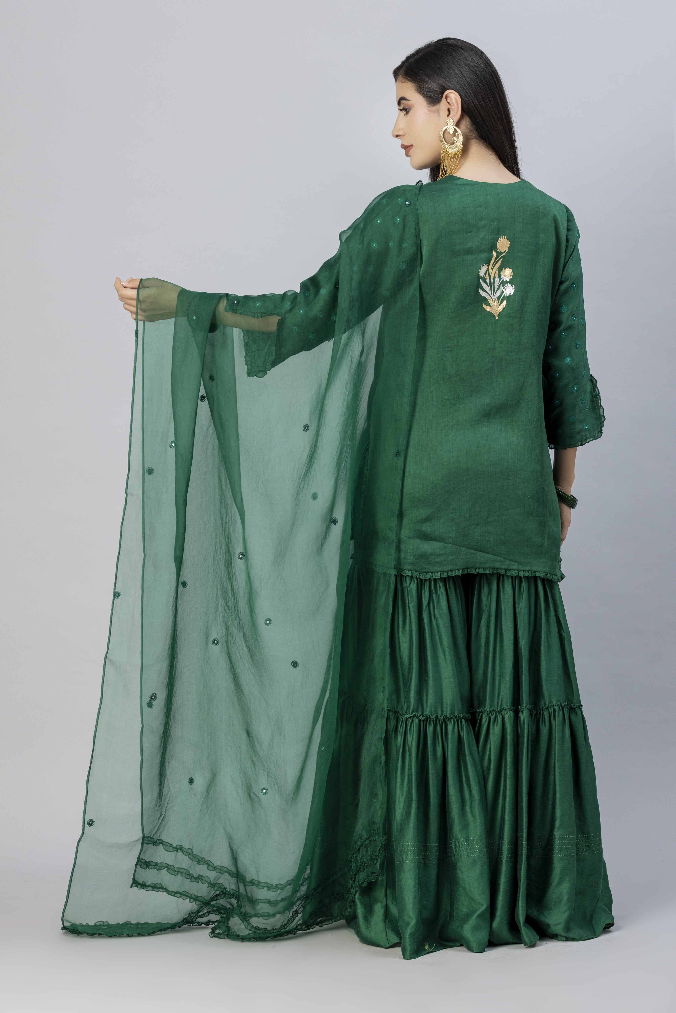 Emerald Green Tiered Garara Short Kurta and Dupatta Set