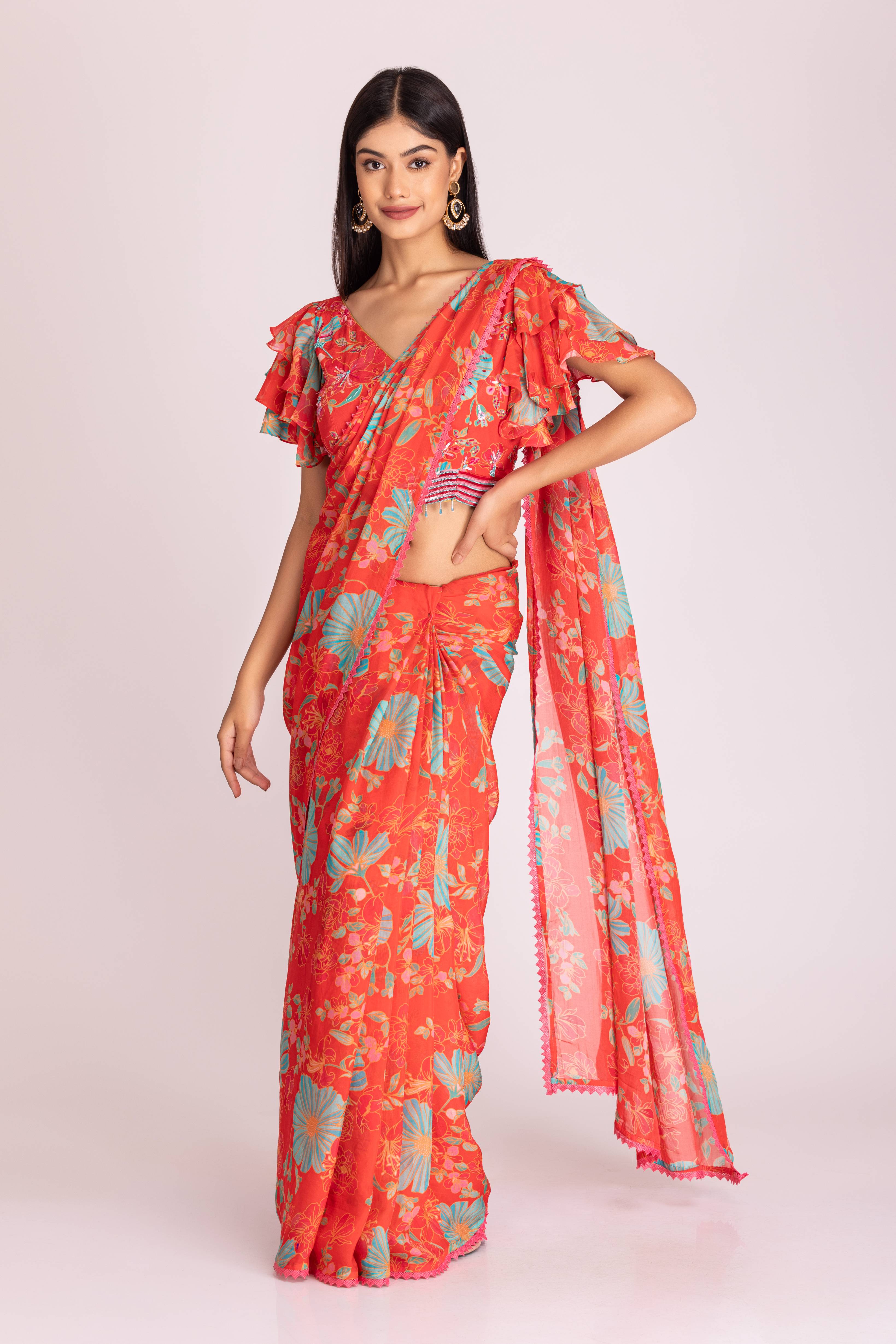 Tangerine Organza Saree with Blouse Piece