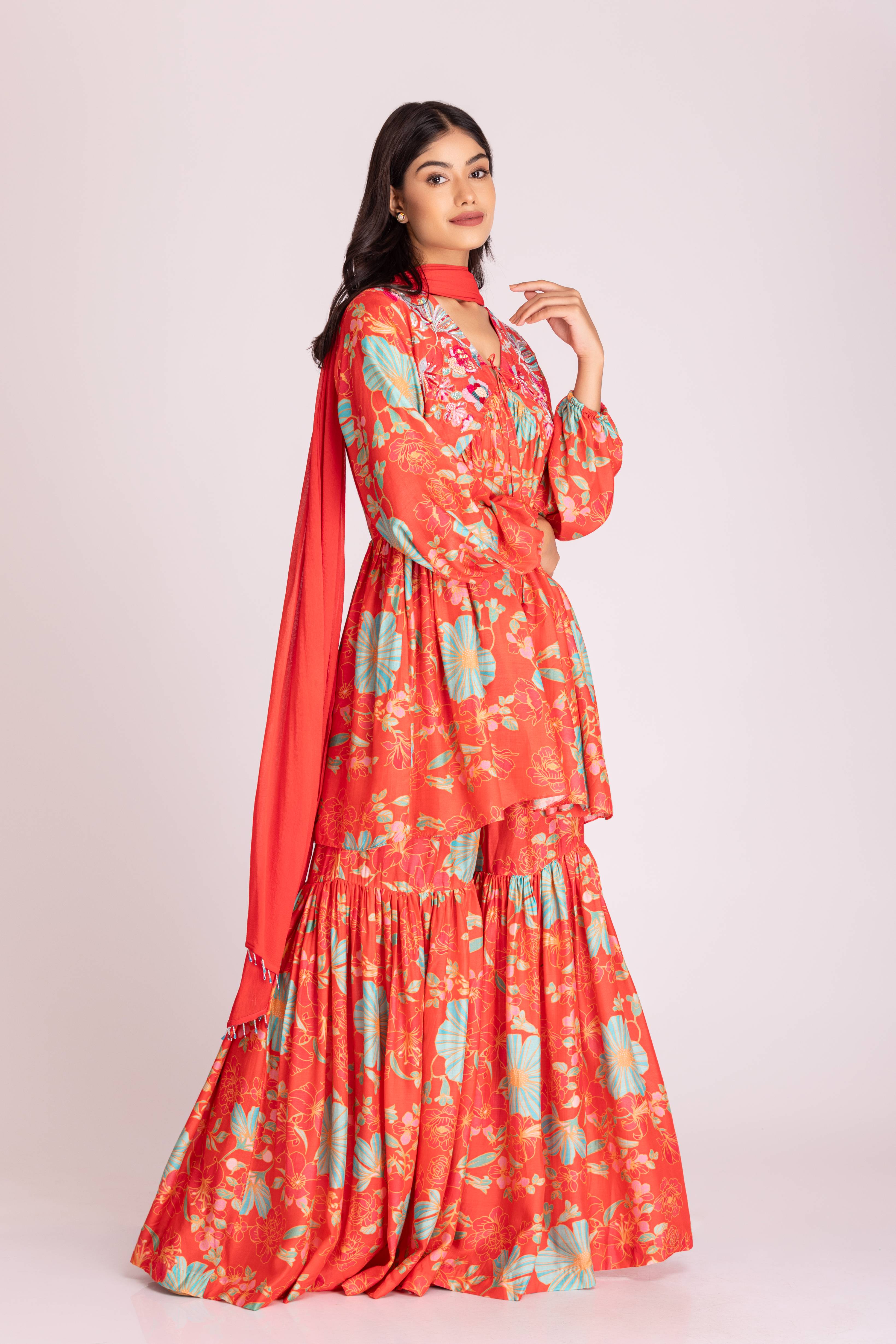 Tangerine Embroidered Garara Set