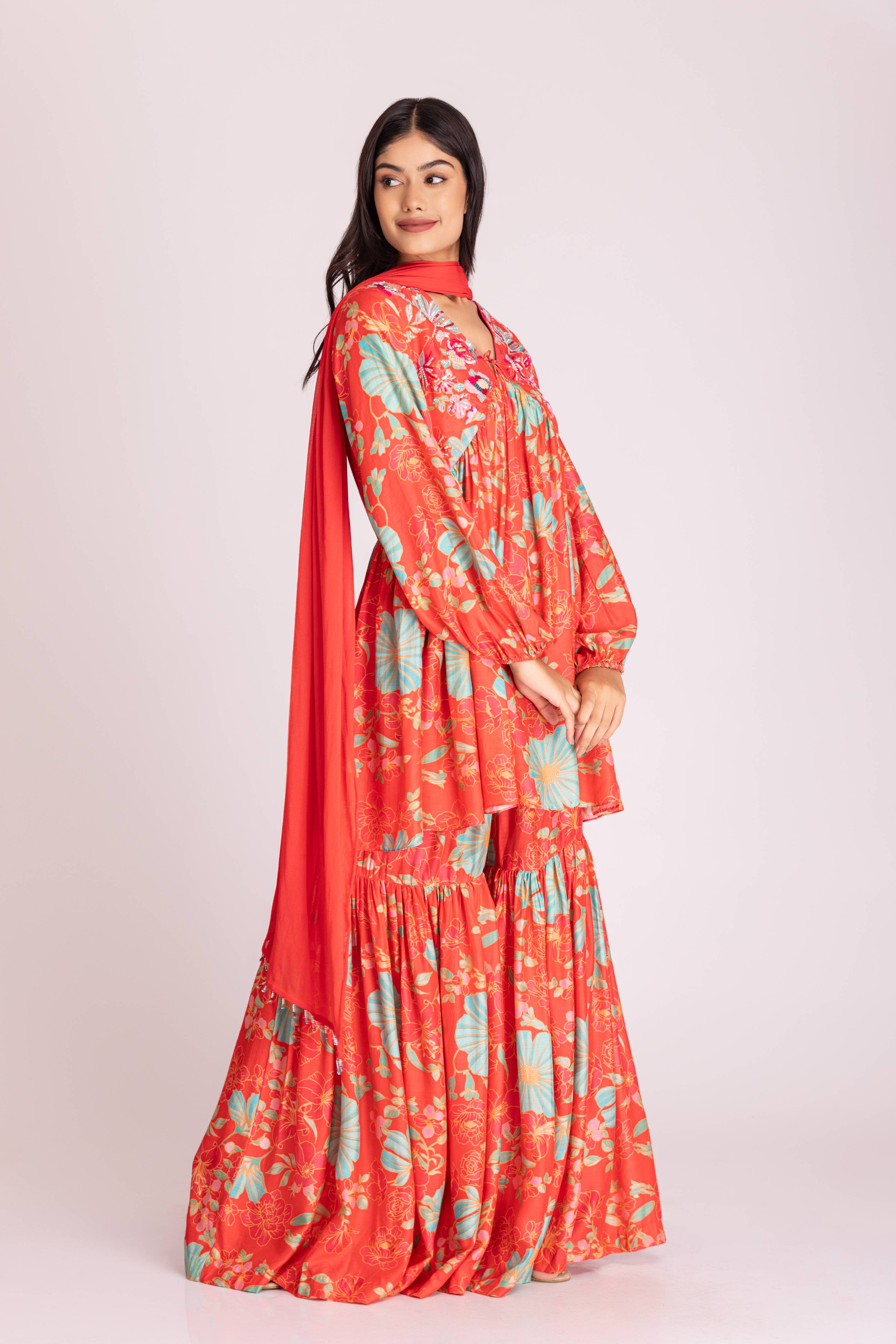 Tangerine Embroidered Garara Set