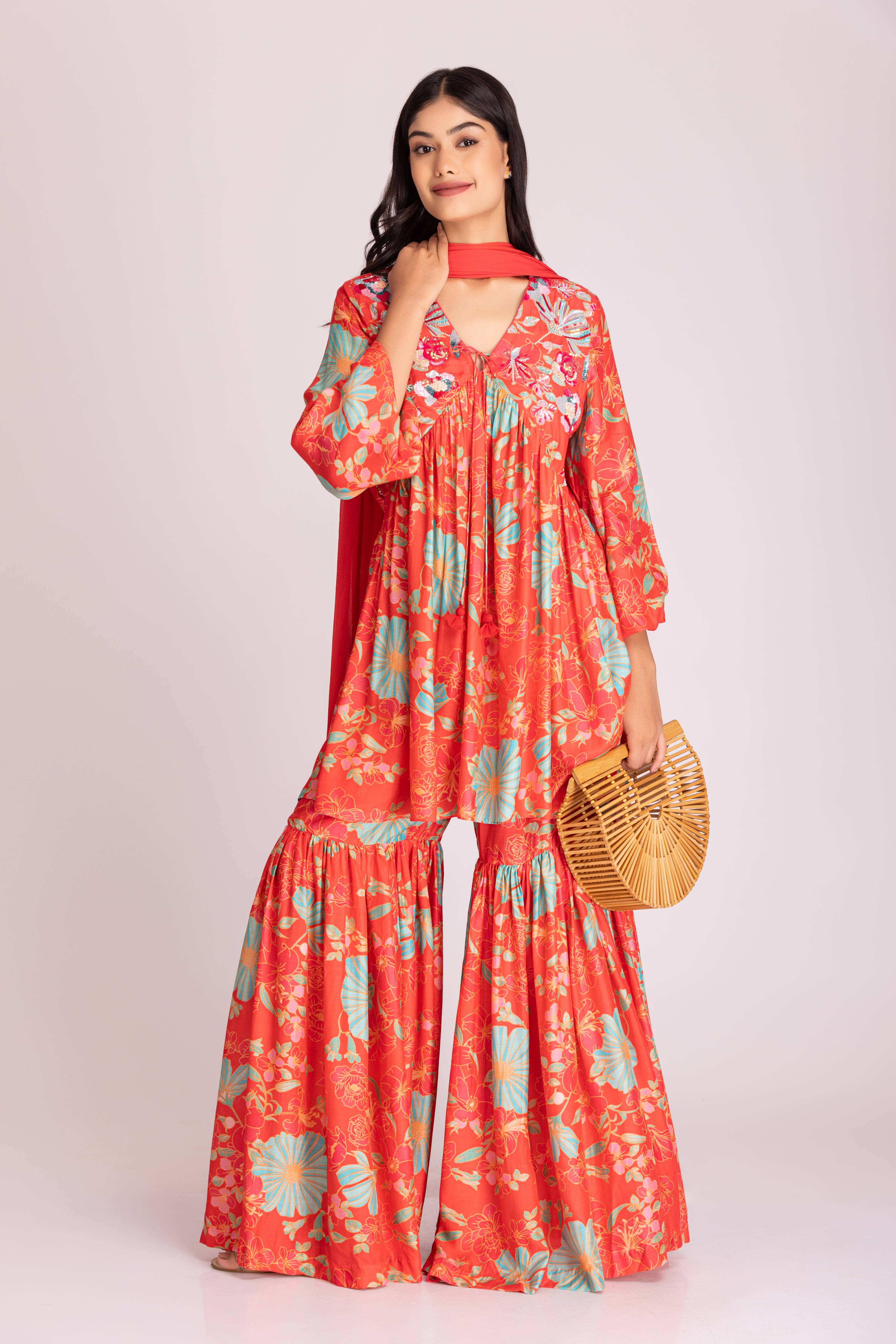 Tangerine Embroidered Garara Set