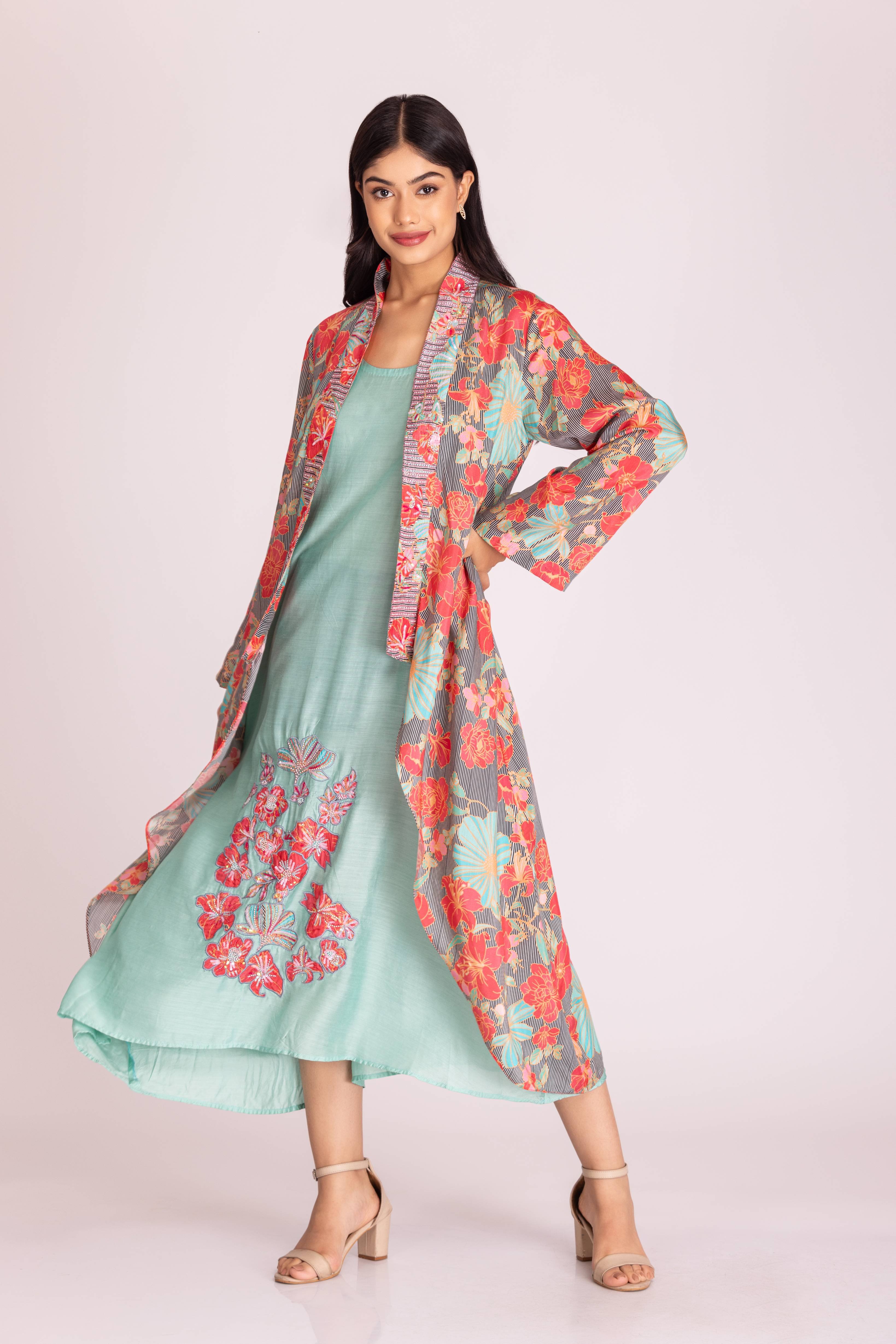 Assymetrical Jacket Shawl Collar Style  with Seagreen Embroidered Dress