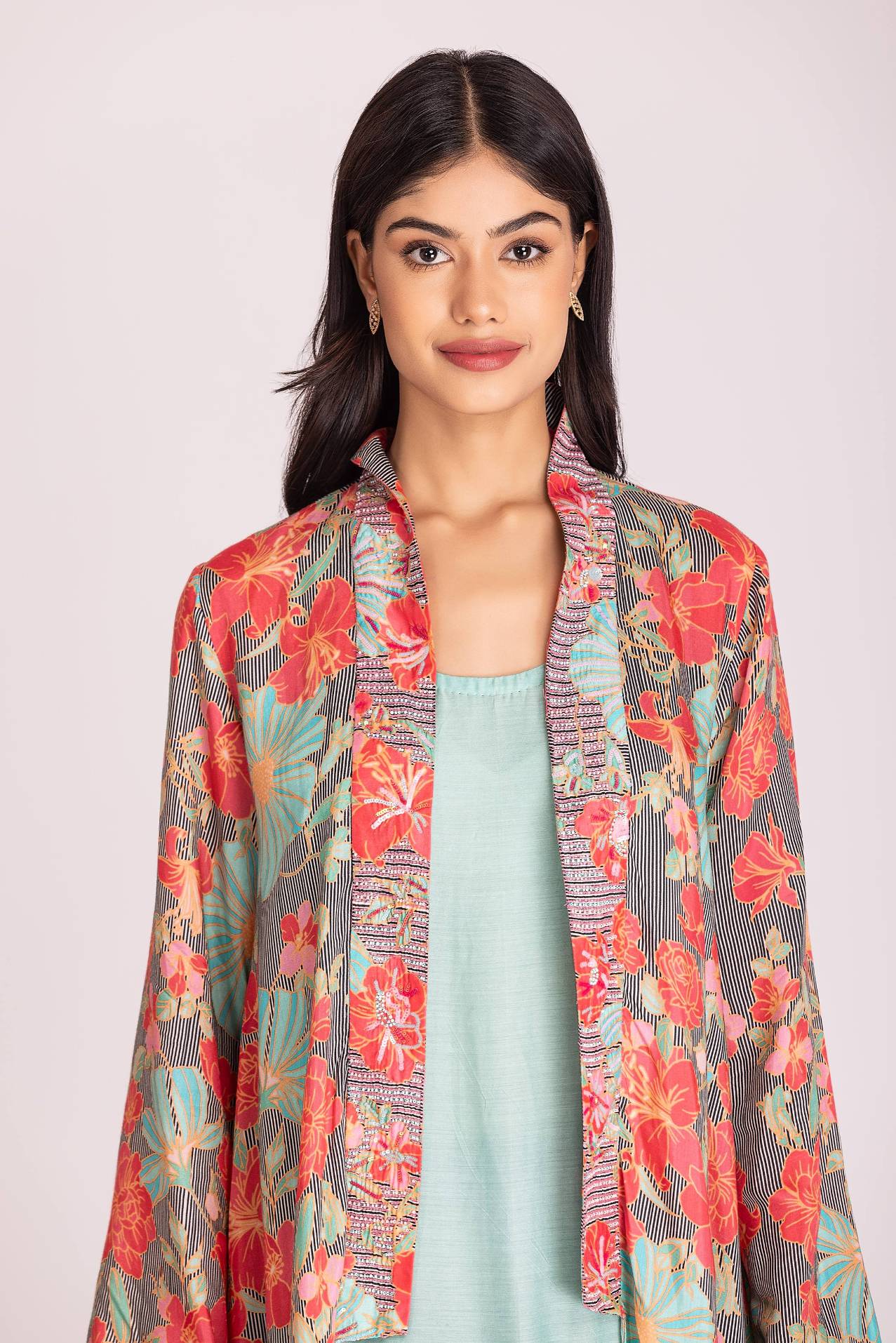 Assymetrical Jacket Shawl Collar Style  with Seagreen Embroidered Dress