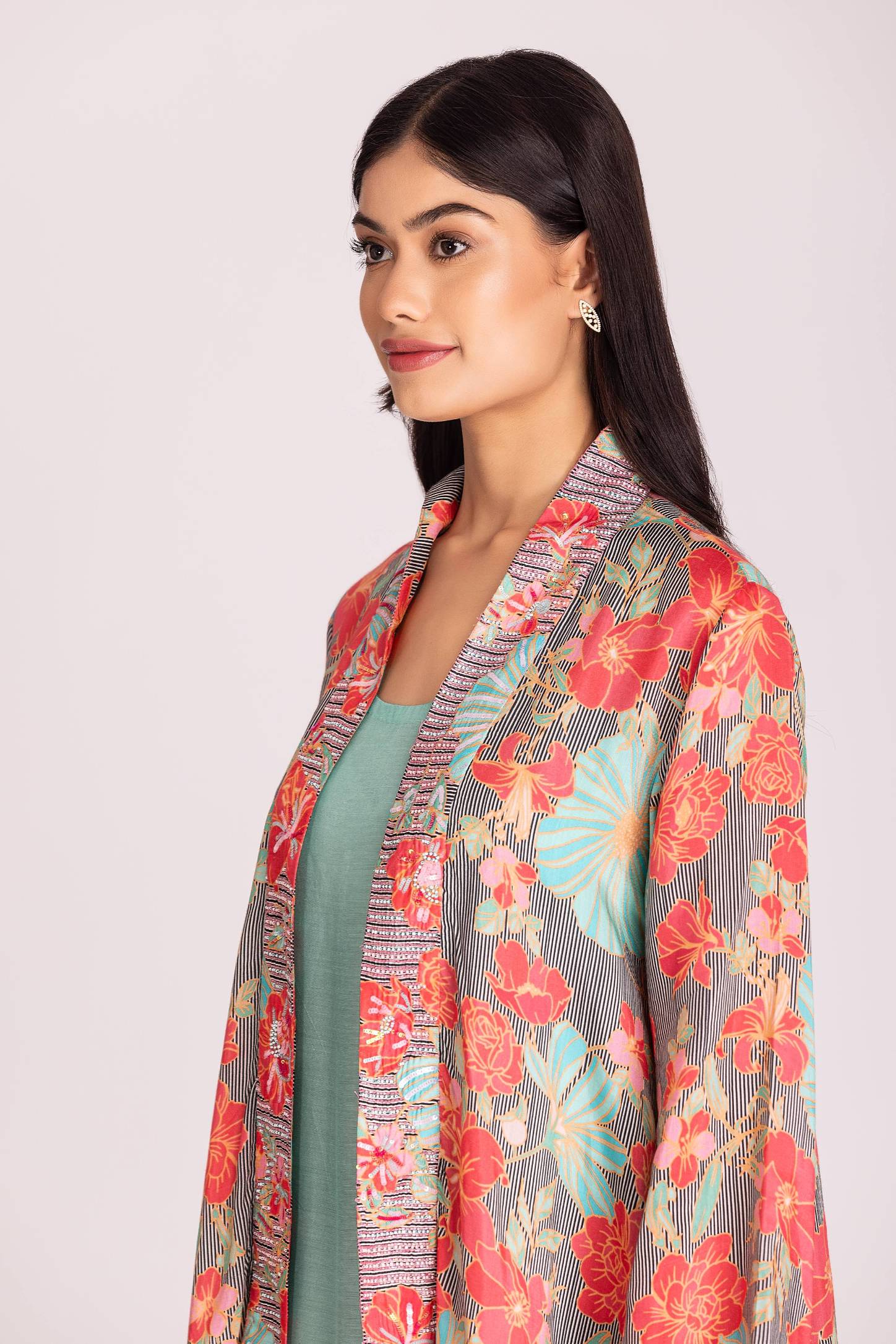 Assymetrical Jacket Shawl Collar Style  with Seagreen Embroidered Dress